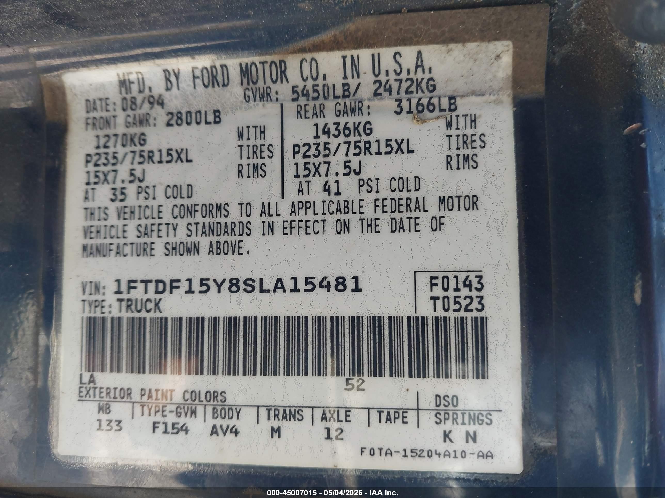 1995 Ford F150   Blue vin: 1FTDF15Y8SLA15481