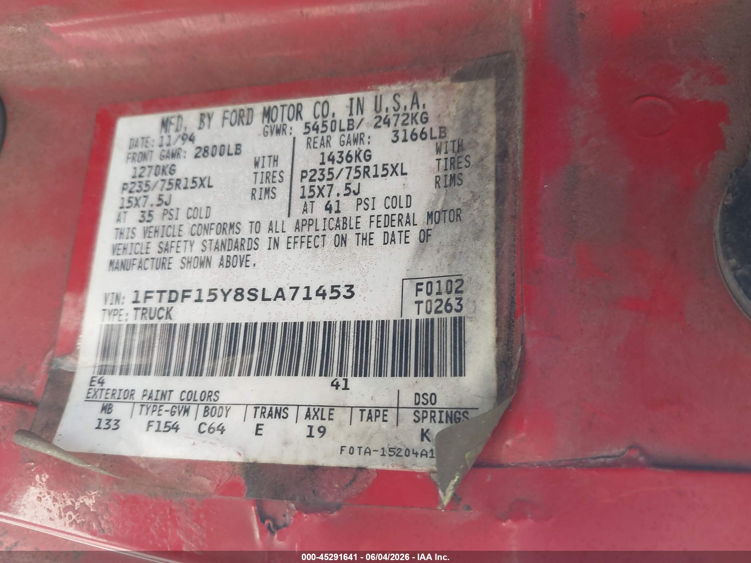1995 Ford F150   Red vin: 1FTDF15Y8SLA71453