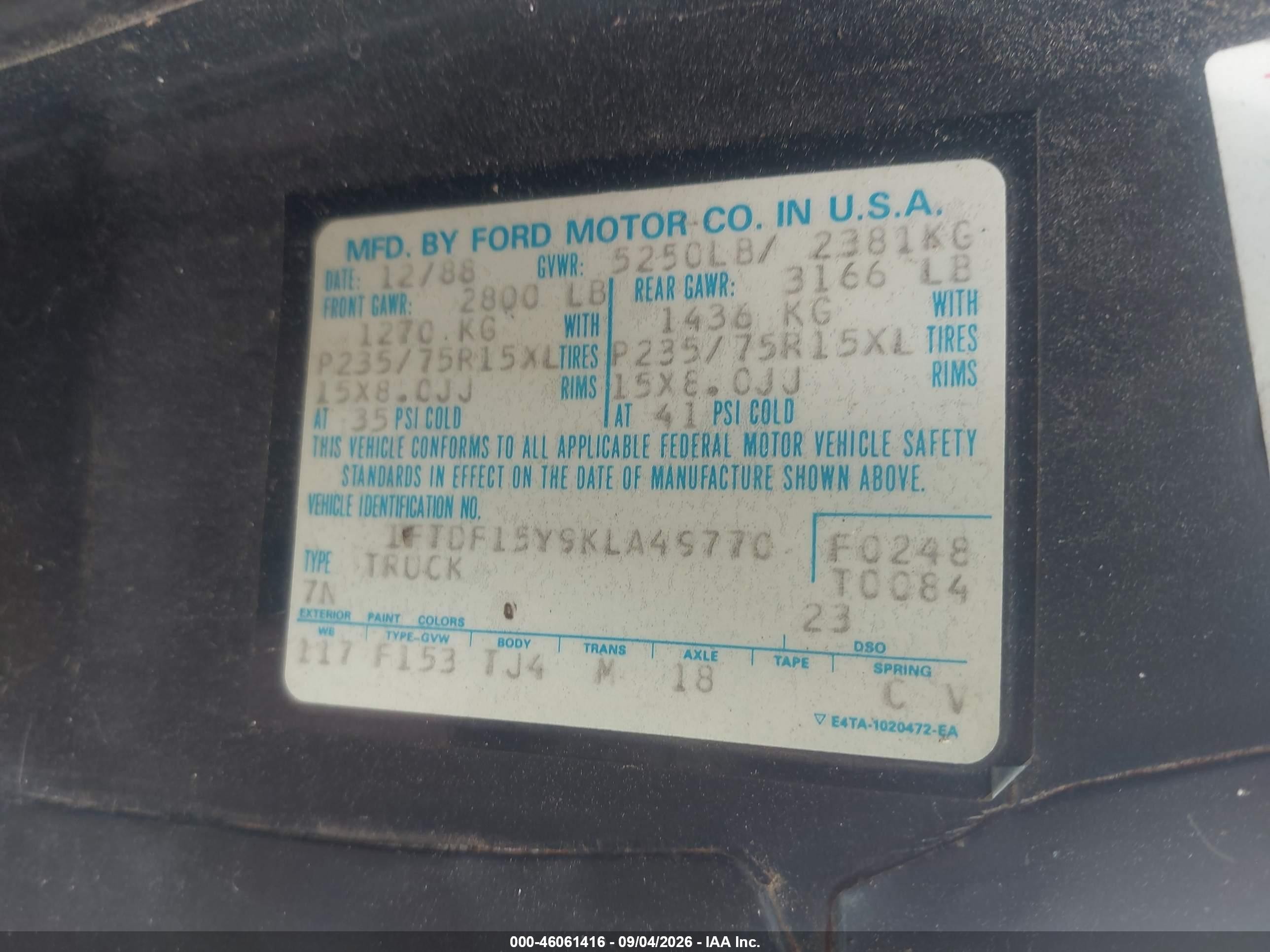 1989 Ford F150   Blue vin: 1FTDF15Y9KLA49770