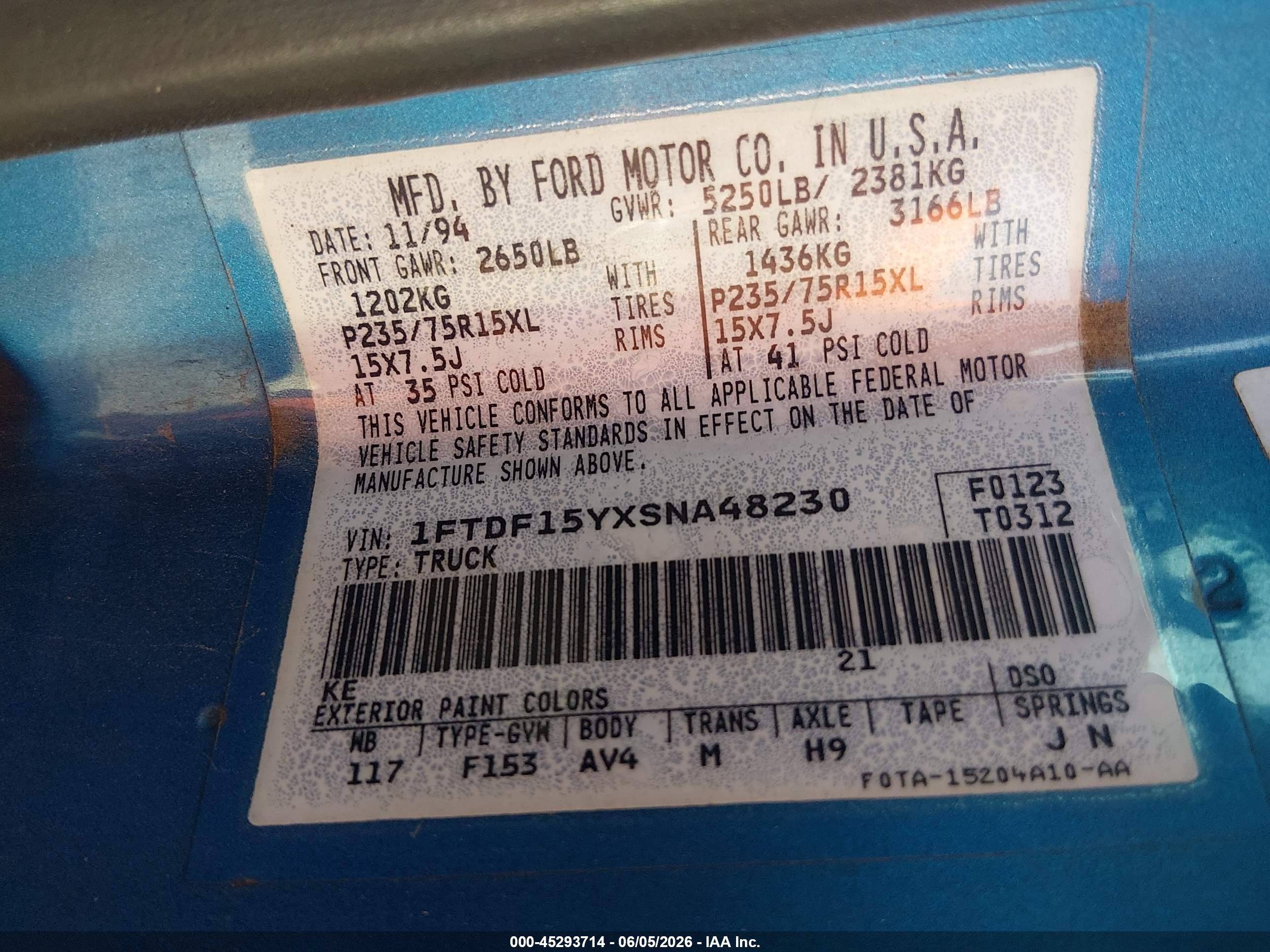 1995 Ford F150   Blue vin: 1FTDF15YXSNA48230