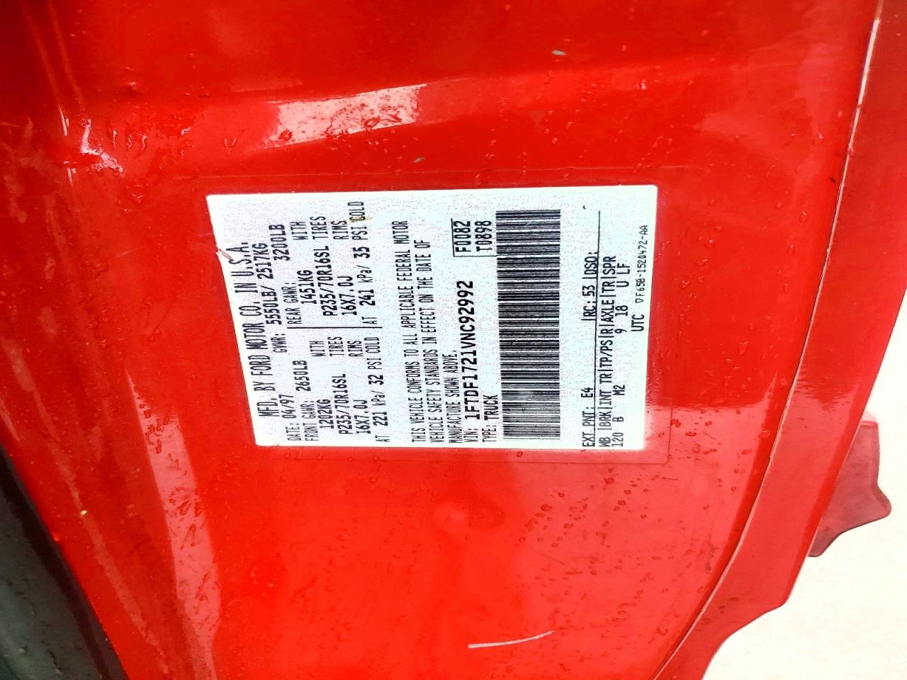 1997 Ford F150 Red vin: 1FTDF1721VNC92992