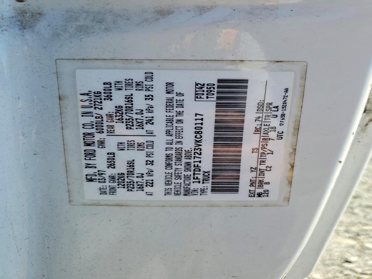 1997 Ford F150 Белый vin: 1FTDF1723VKC80117