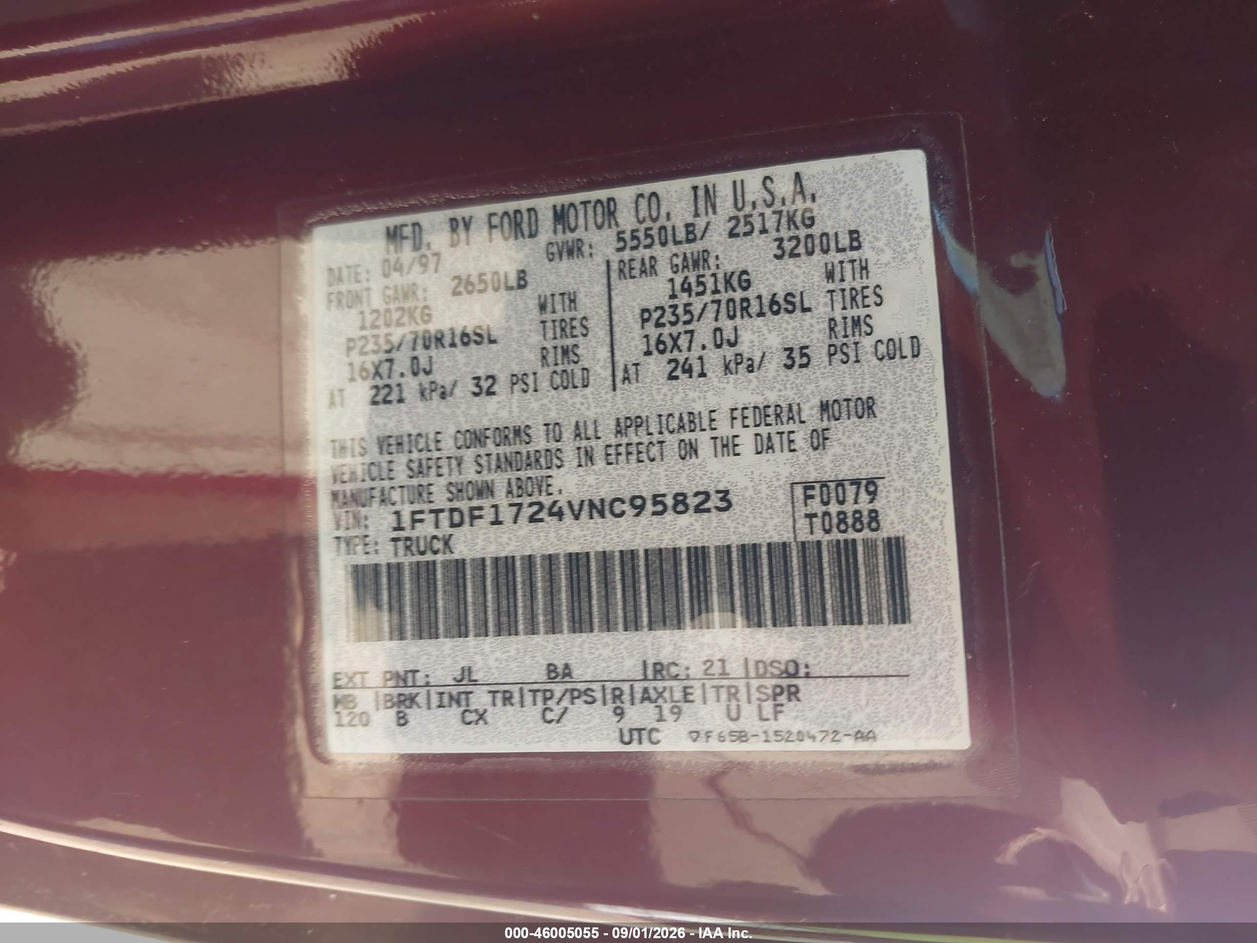 1997 Ford F-150 Standard/xl/xlt Red vin: 1FTDF1724VNC95823