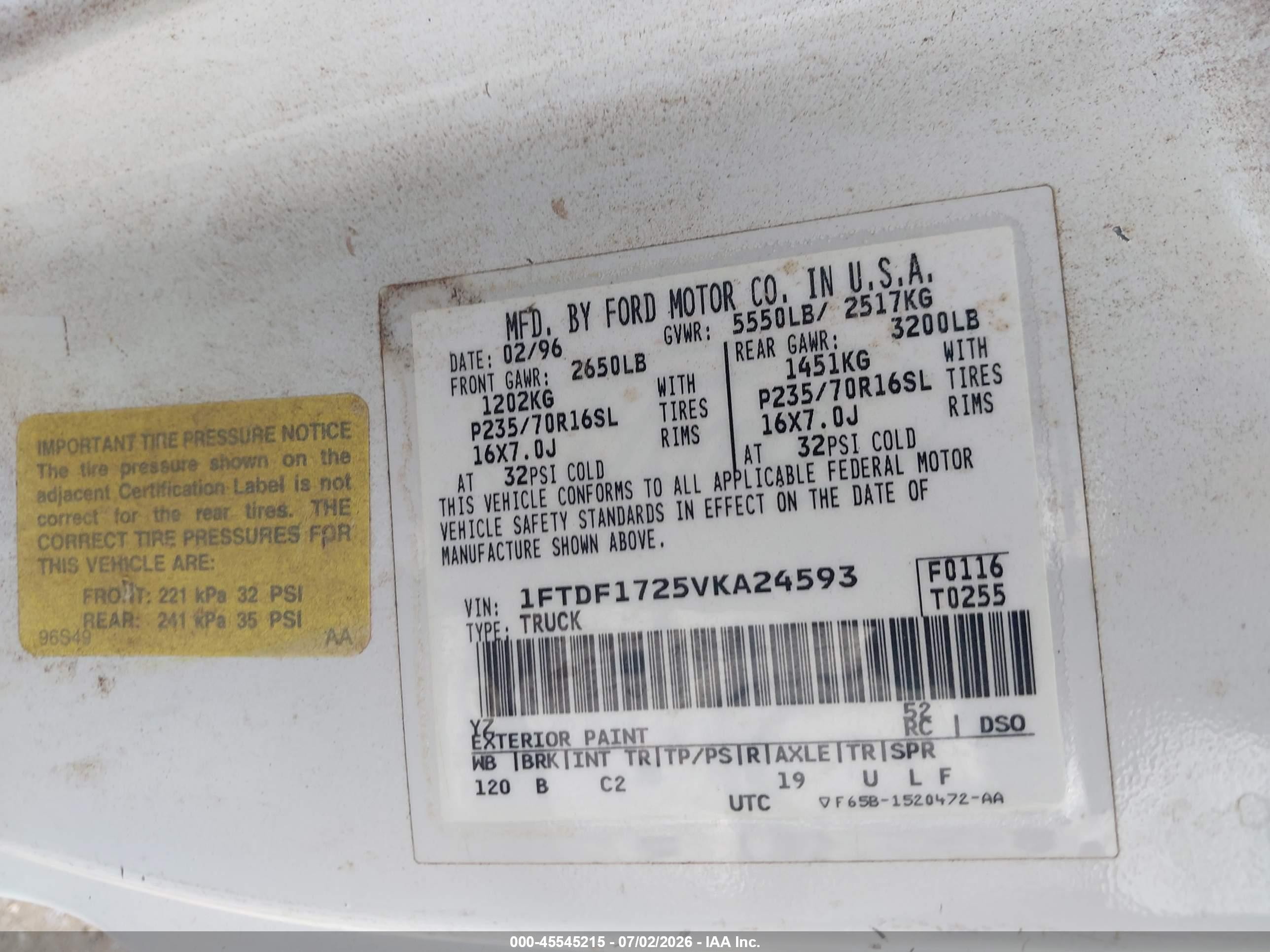 1997 Ford F-150 Standard Standard/xl/xlt White vin: 1FTDF1725VKA24593