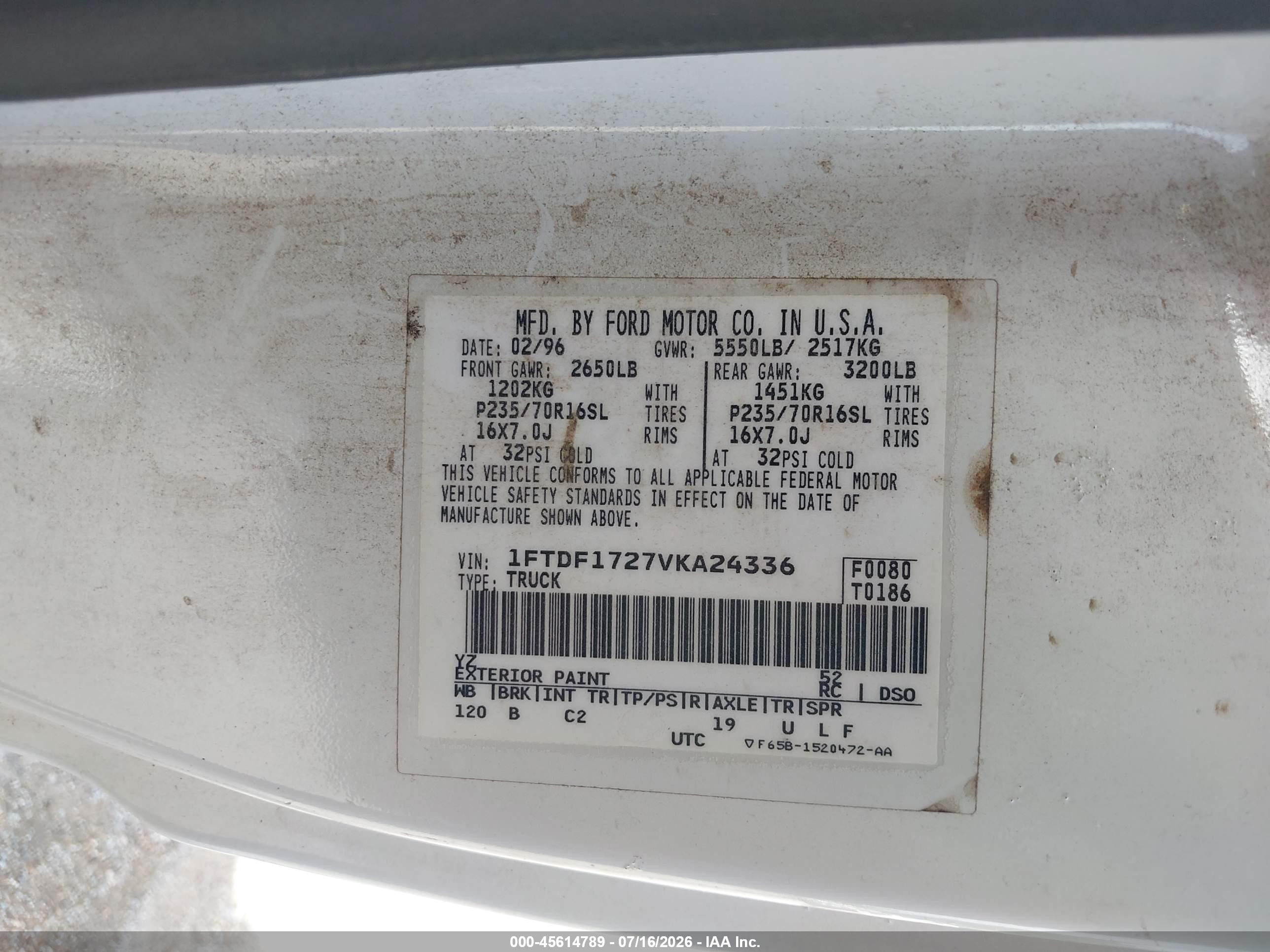 1997 Ford F-150 Standard Standard/xl/xlt White vin: 1FTDF1727VKA24336