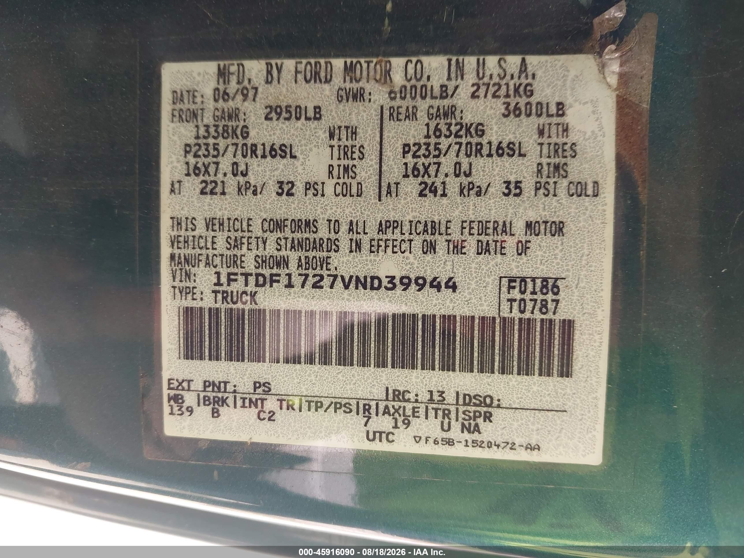 1997 Ford F-150 Standard Standard/xl/xlt Green vin: 1FTDF1727VND39944
