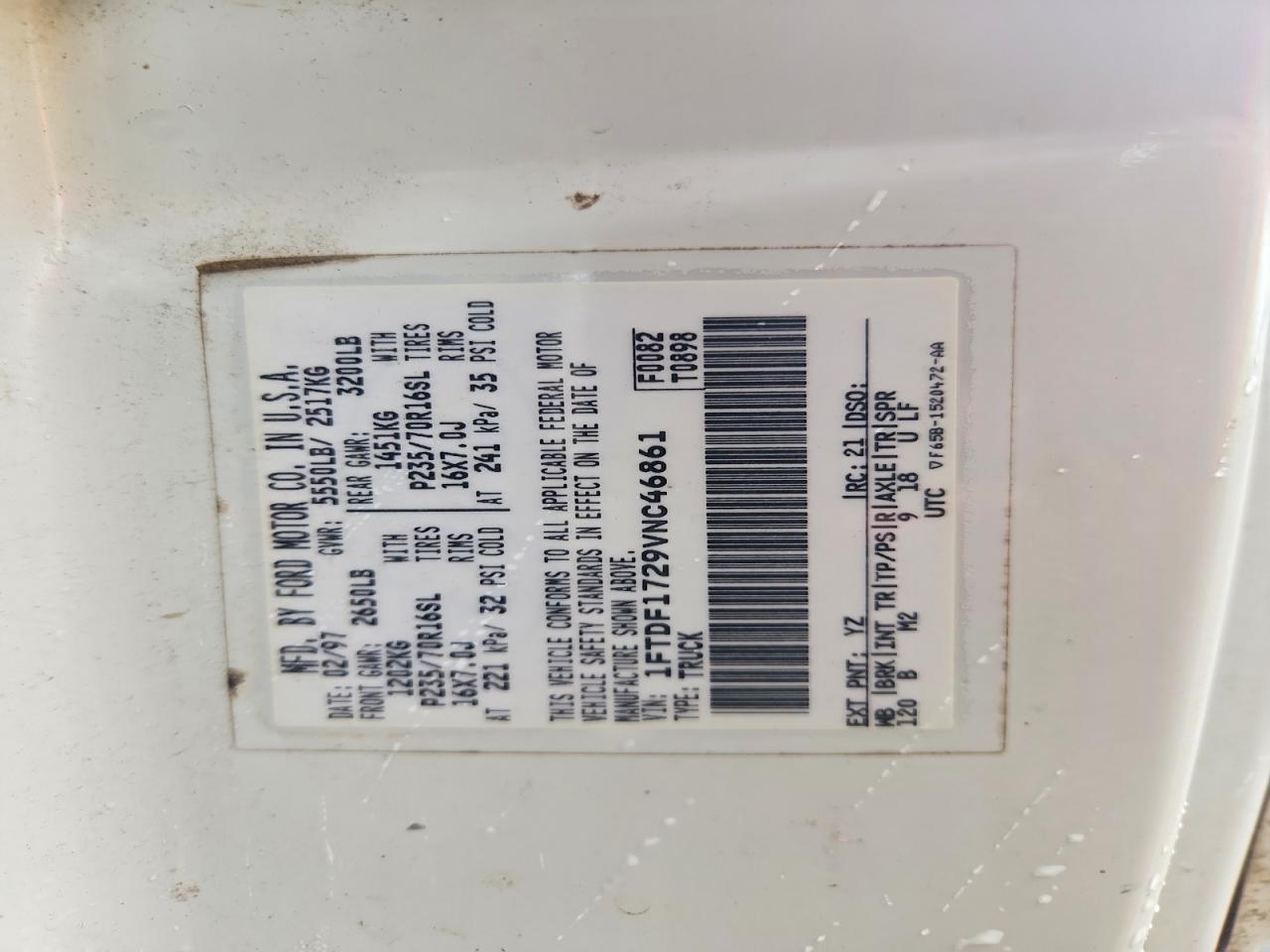 1997 Ford F150 Белый vin: 1FTDF1729VNC46861