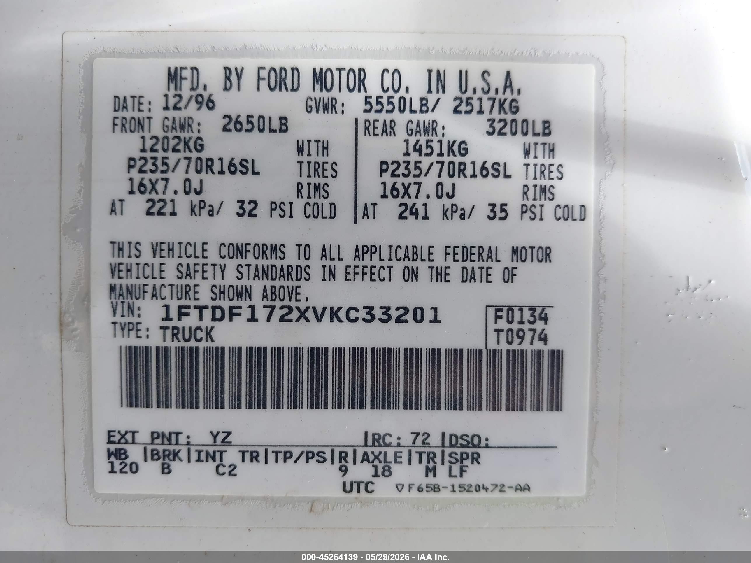 1997 Ford F-150 Standard/xl/xlt White vin: 1FTDF172XVKC33201