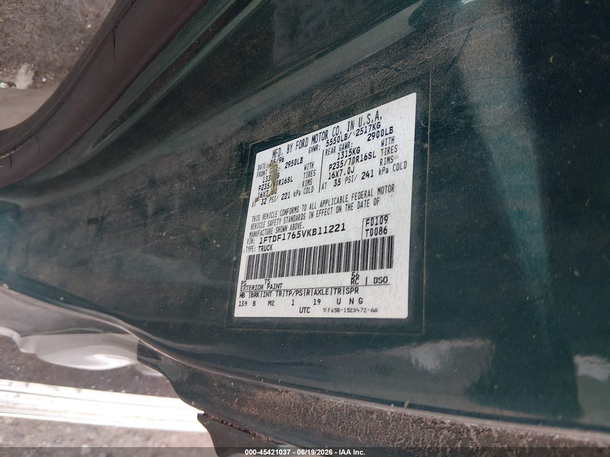 1997 Ford F-150 Standard Lariat/standard/xl/xlt Green vin: 1FTDF1765VKB11221