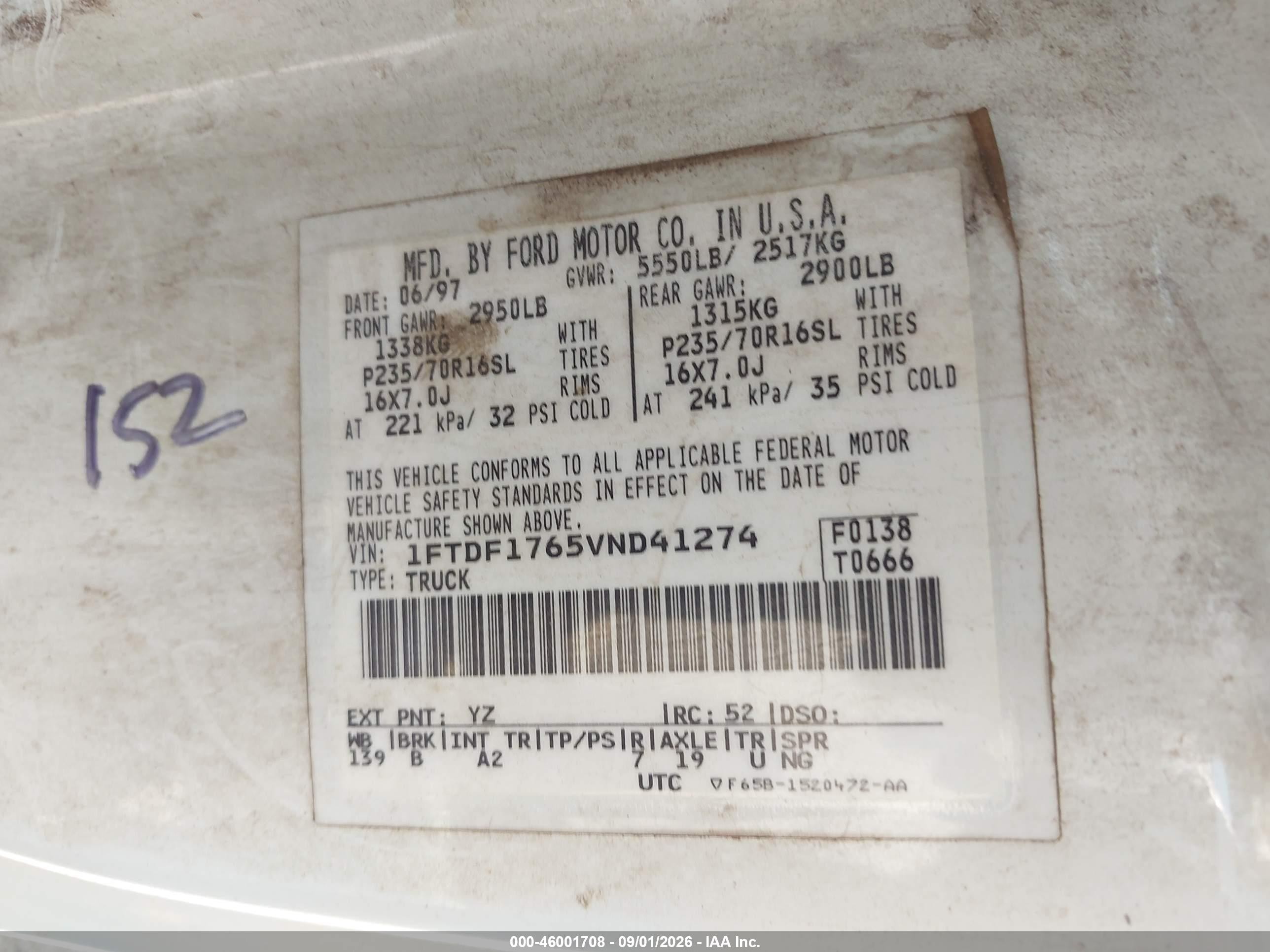 1997 Ford F-150 Lariat/standard/xl/xlt White vin: 1FTDF1765VND41274
