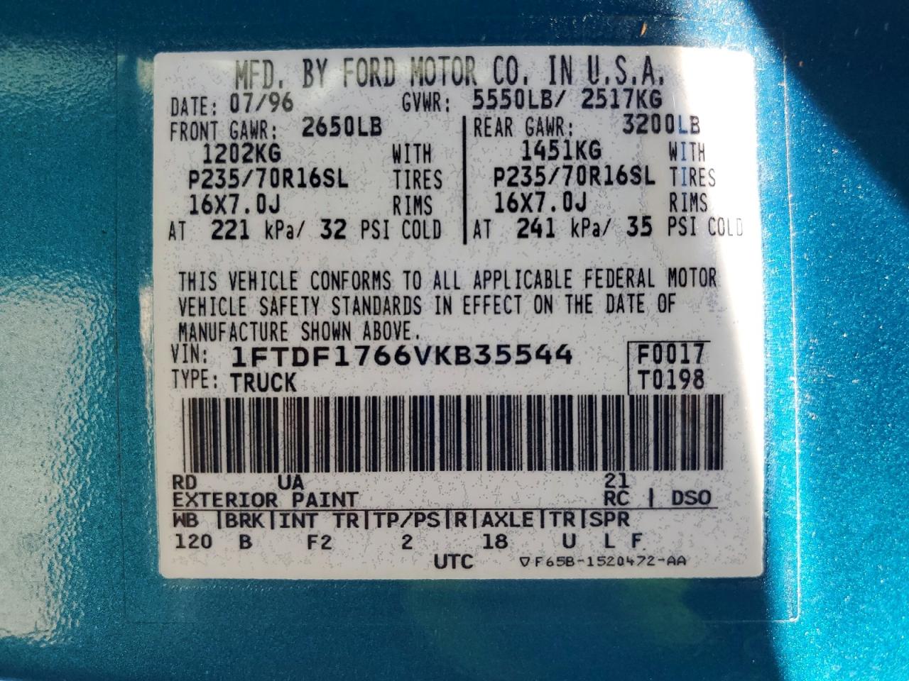 1997 Ford F150 Teal vin: 1FTDF1766VKB35544