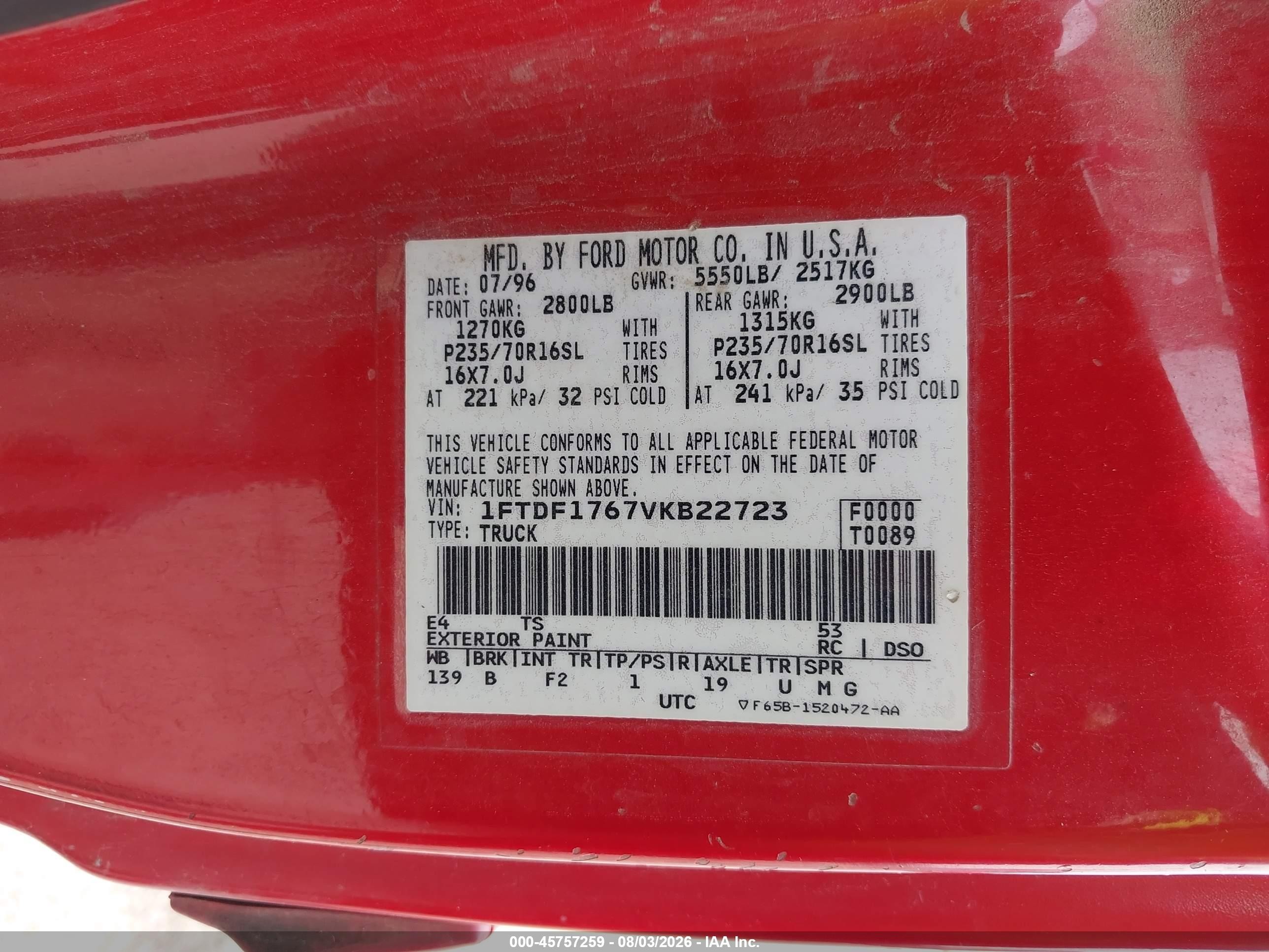 1997 Ford F-150 Standard Lariat/standard/xl/xlt Red vin: 1FTDF1767VKB22723