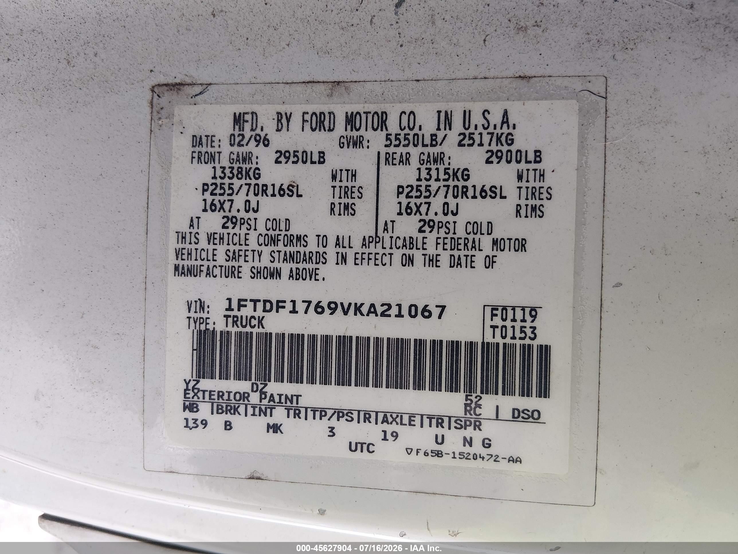 1997 Ford F-150 Standard Lariat/standard/xl/xlt White vin: 1FTDF1769VKA21067