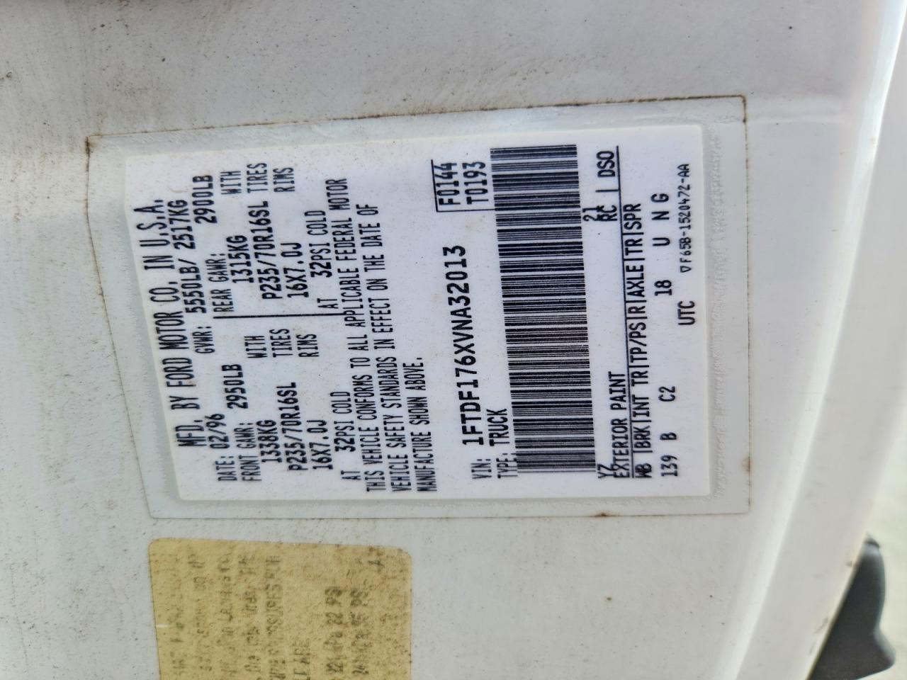 1997 Ford F150 Белый vin: 1FTDF176XVNA32013