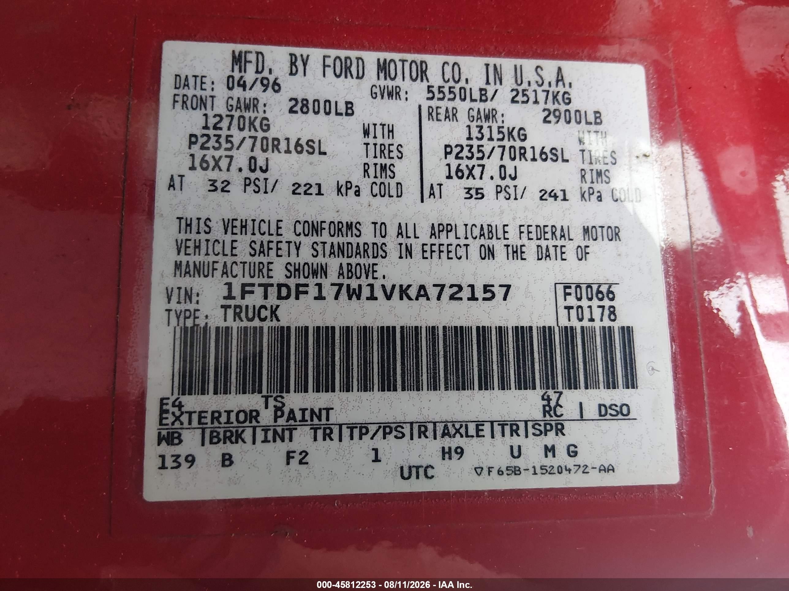1997 Ford F-150 Standard Lariat/standard/xl/xlt Red vin: 1FTDF17W1VKA72157