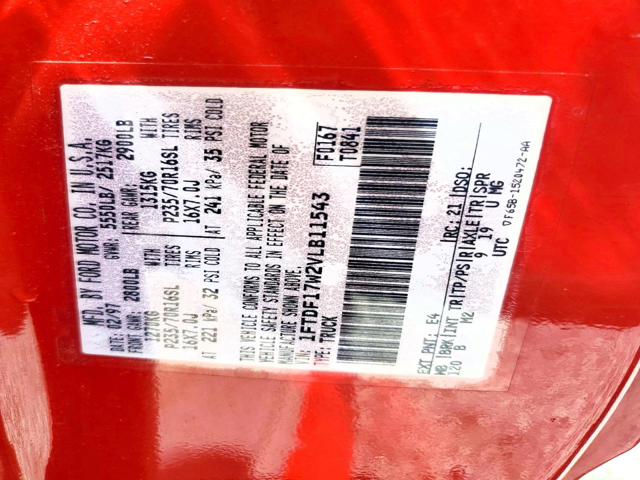 1997 Ford F150 Red vin: 1FTDF17W2VLB11543