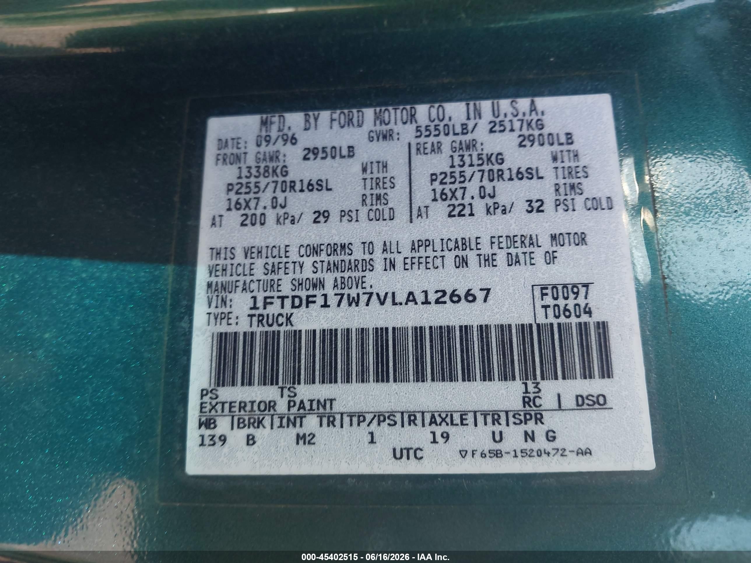 1997 Ford F-150 Standard Lariat/standard/xl/xlt Green vin: 1FTDF17W7VLA12667