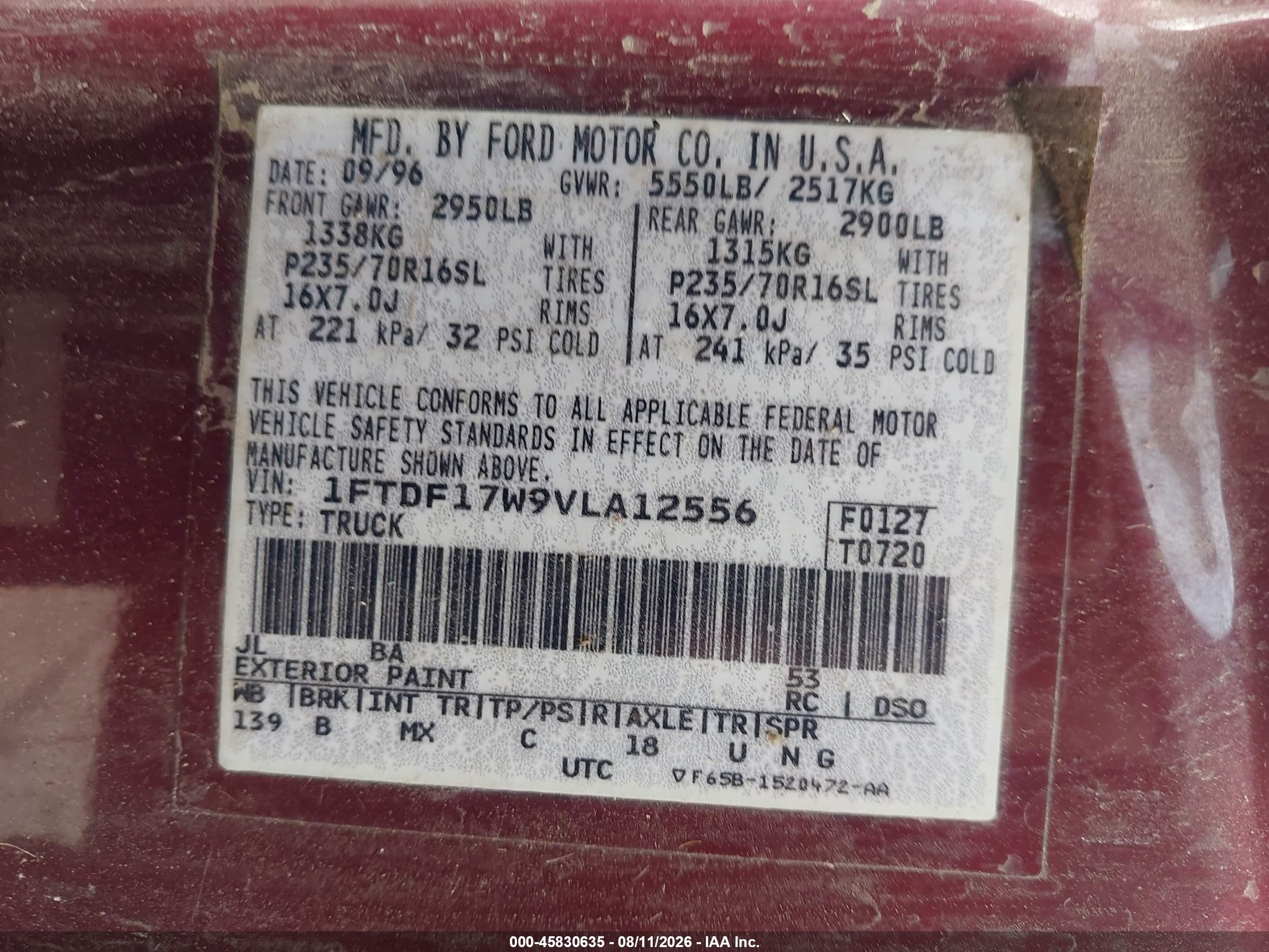 1997 Ford F-150 Standard Lariat/standard/xl/xlt Red vin: 1FTDF17W9VLA12556