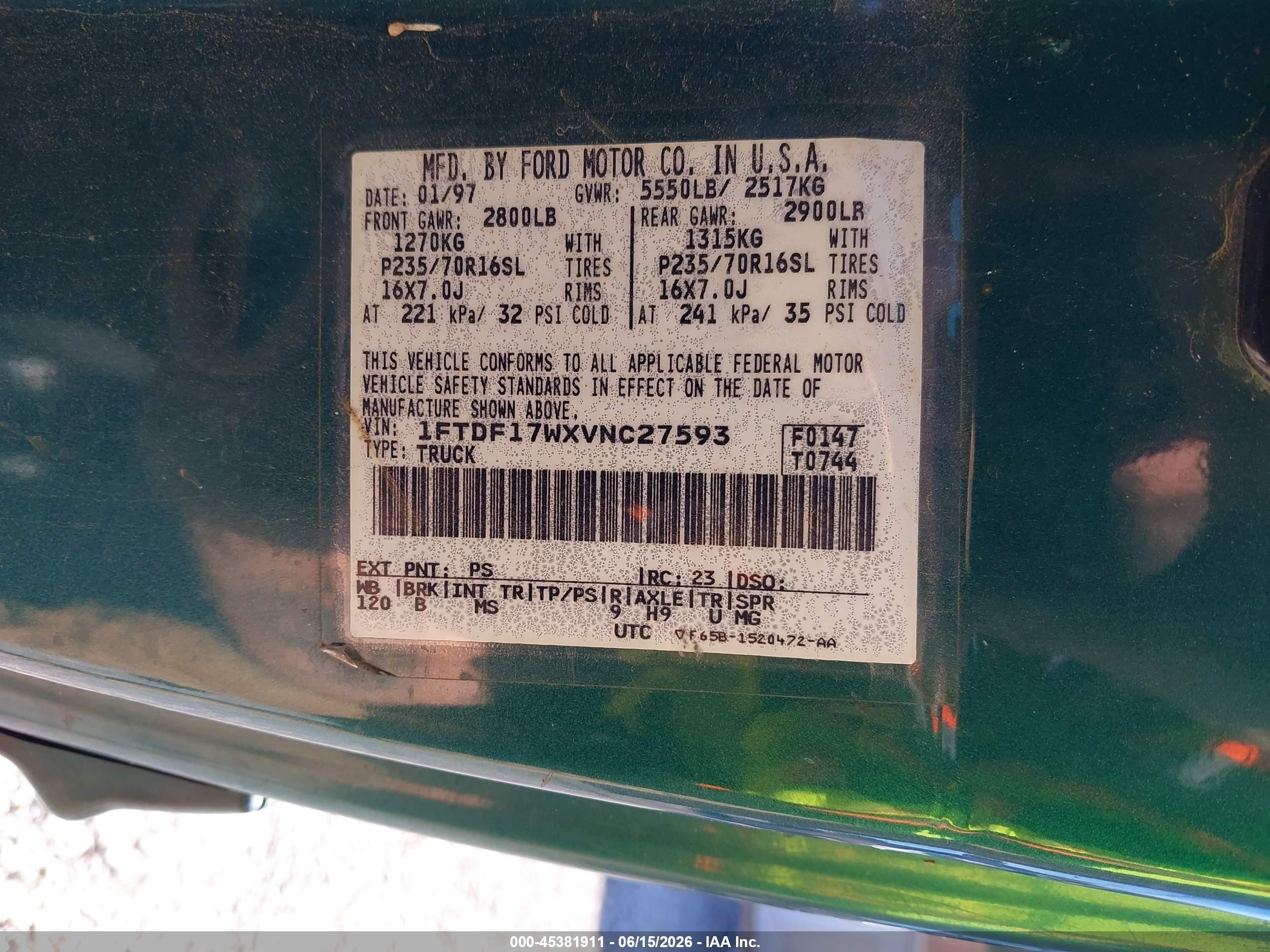1997 Ford F-150 Standard Lariat/standard/xl/xlt Green vin: 1FTDF17WXVNC27593