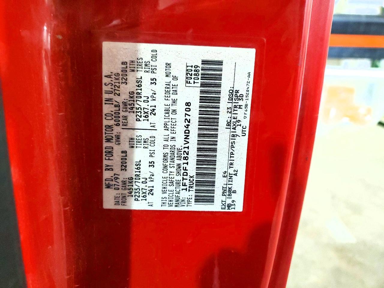 1997 Ford F150 Red vin: 1FTDF1821VND42708