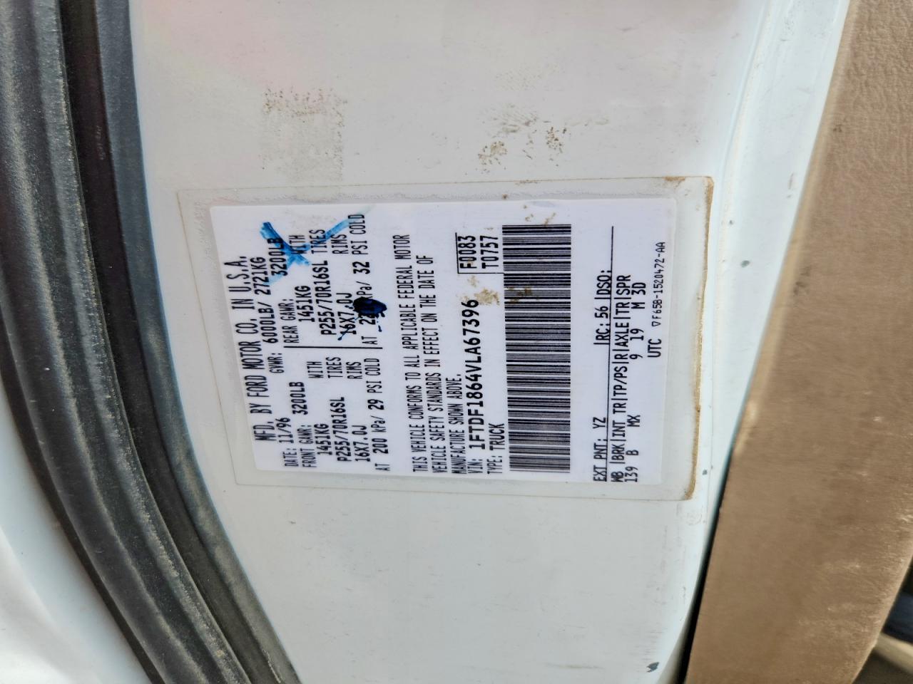 1997 Ford F150 White vin: 1FTDF1864VLA67396