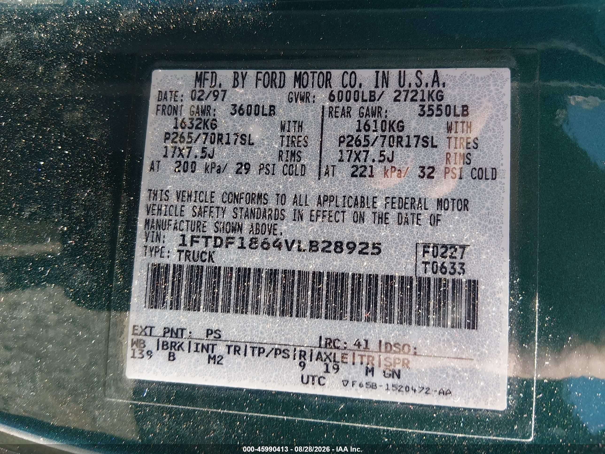1997 Ford F-150 Lariat/standard/xl/xlt Green vin: 1FTDF1864VLB28925