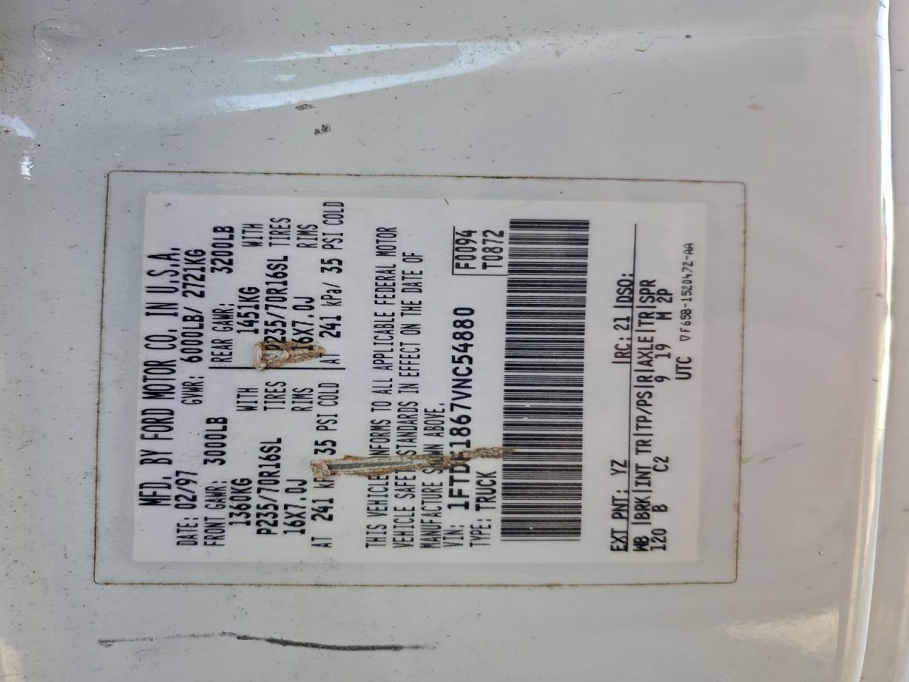 1997 Ford F150 White vin: 1FTDF1867VNC54880