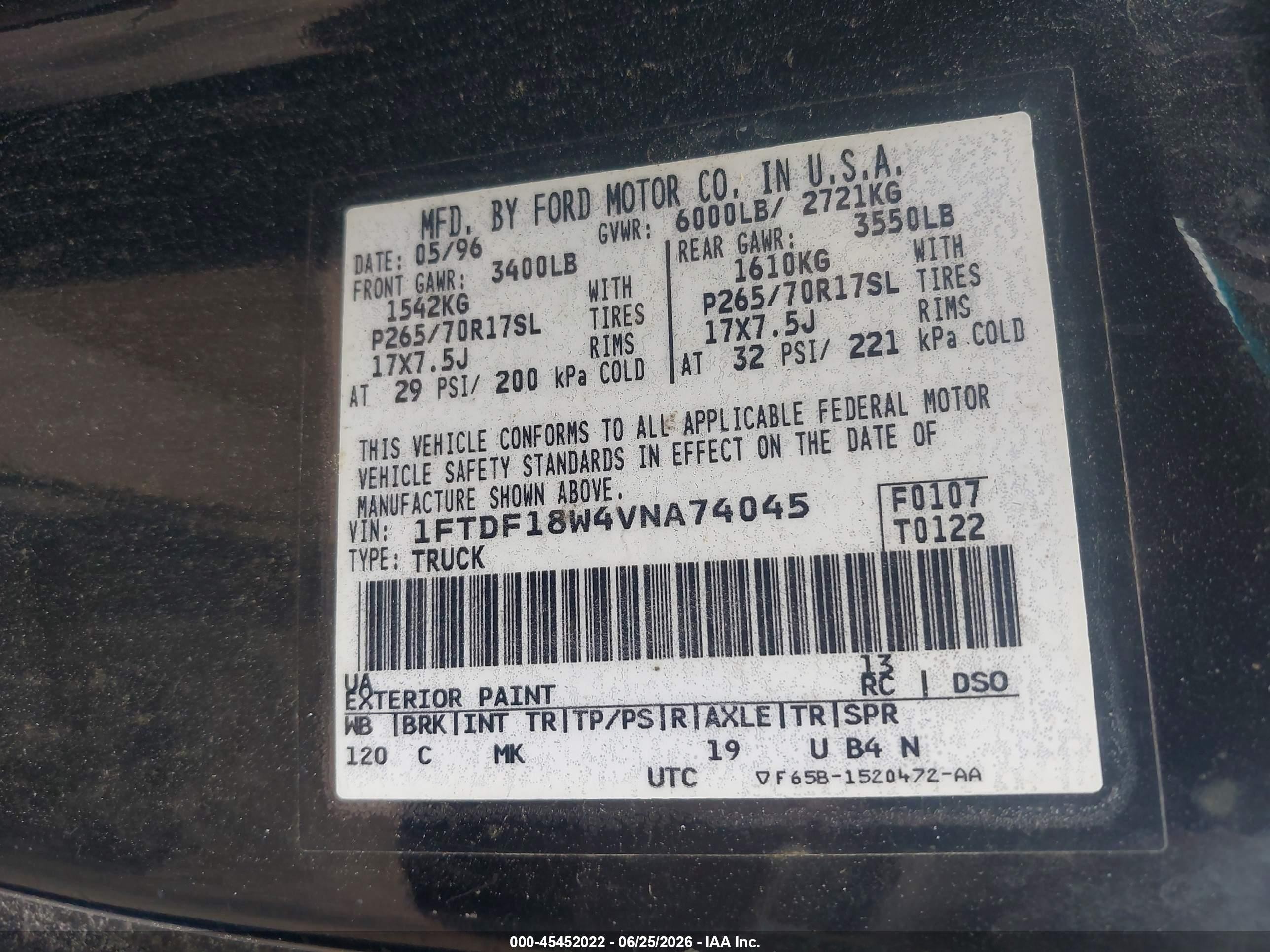 1997 Ford F-150 Standard Lariat/standard/xl/xlt Black vin: 1FTDF18W4VNA74045