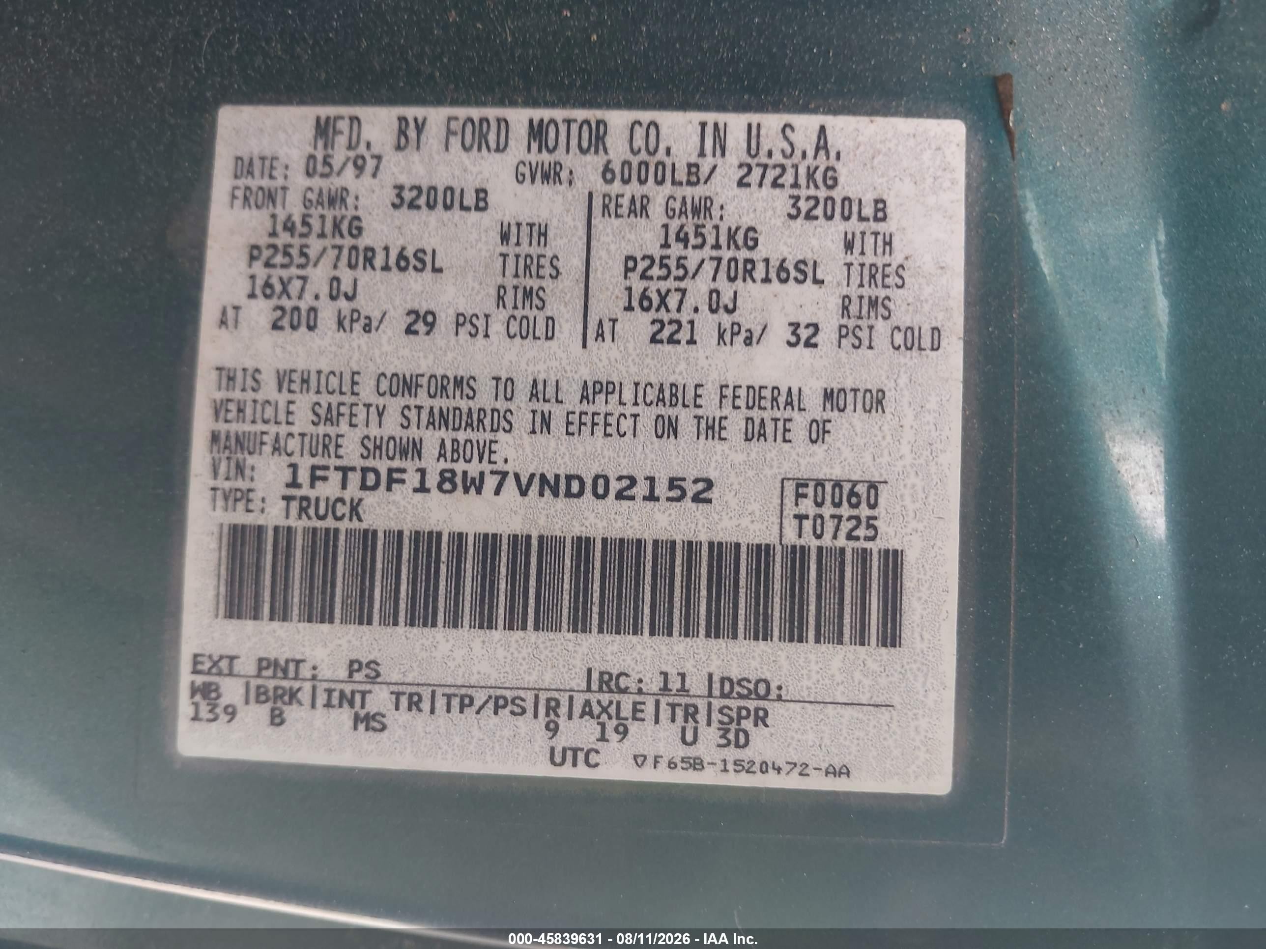 1997 Ford F-150 Standard   Green vin: 1FTDF18W7VND02152