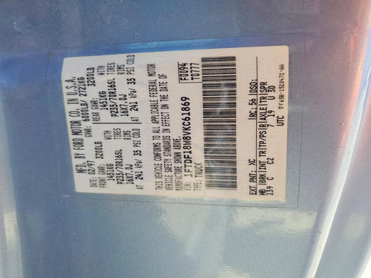 1997 Ford F150 Blue vin: 1FTDF18W8VKC61869