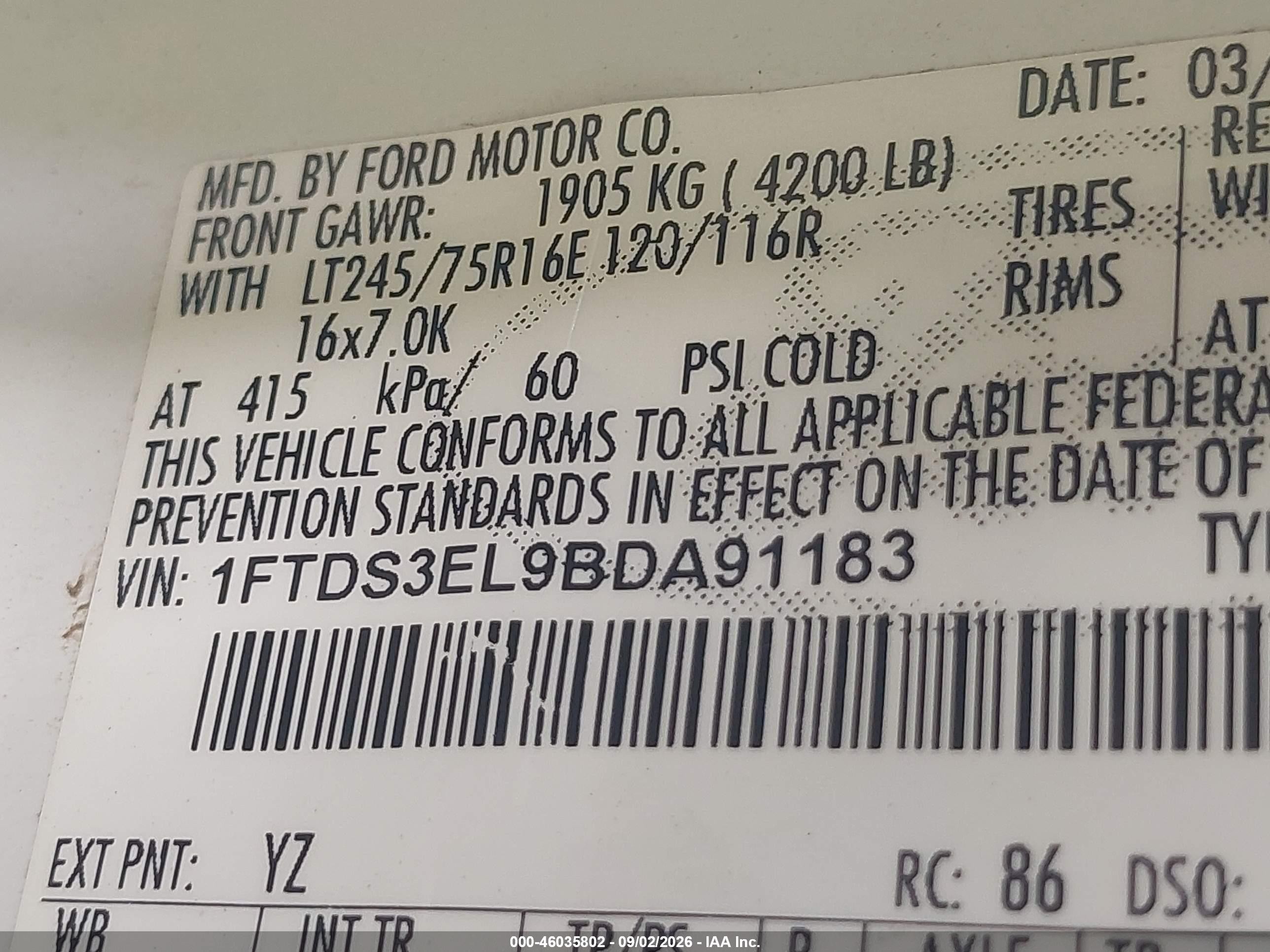 2011 Ford E-350 Super Duty Commercial White vin: 1FTDS3EL9BDA91183