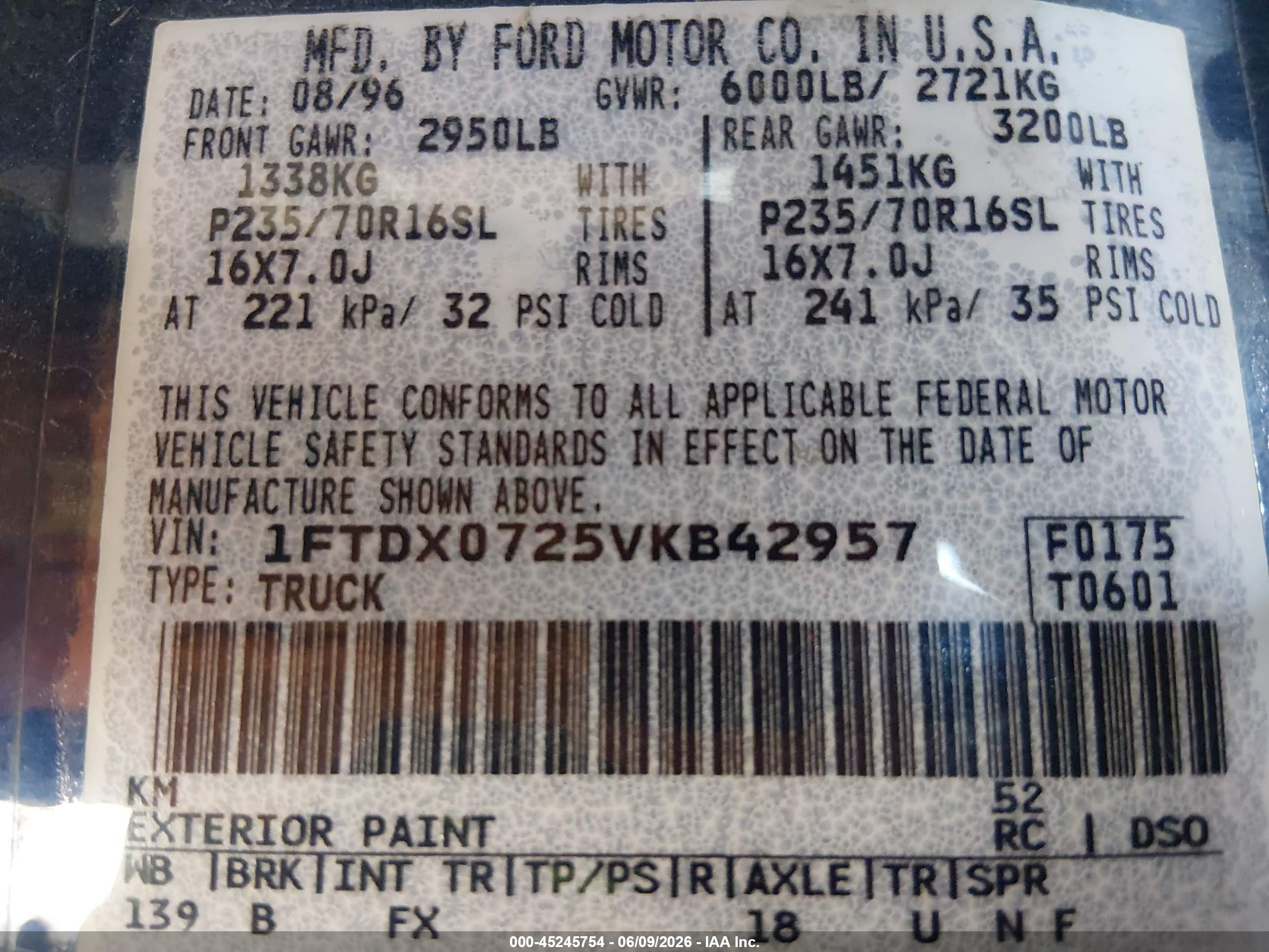 1997 Ford F-150 Xl/xlt Blue vin: 1FTDX0725VKB42957