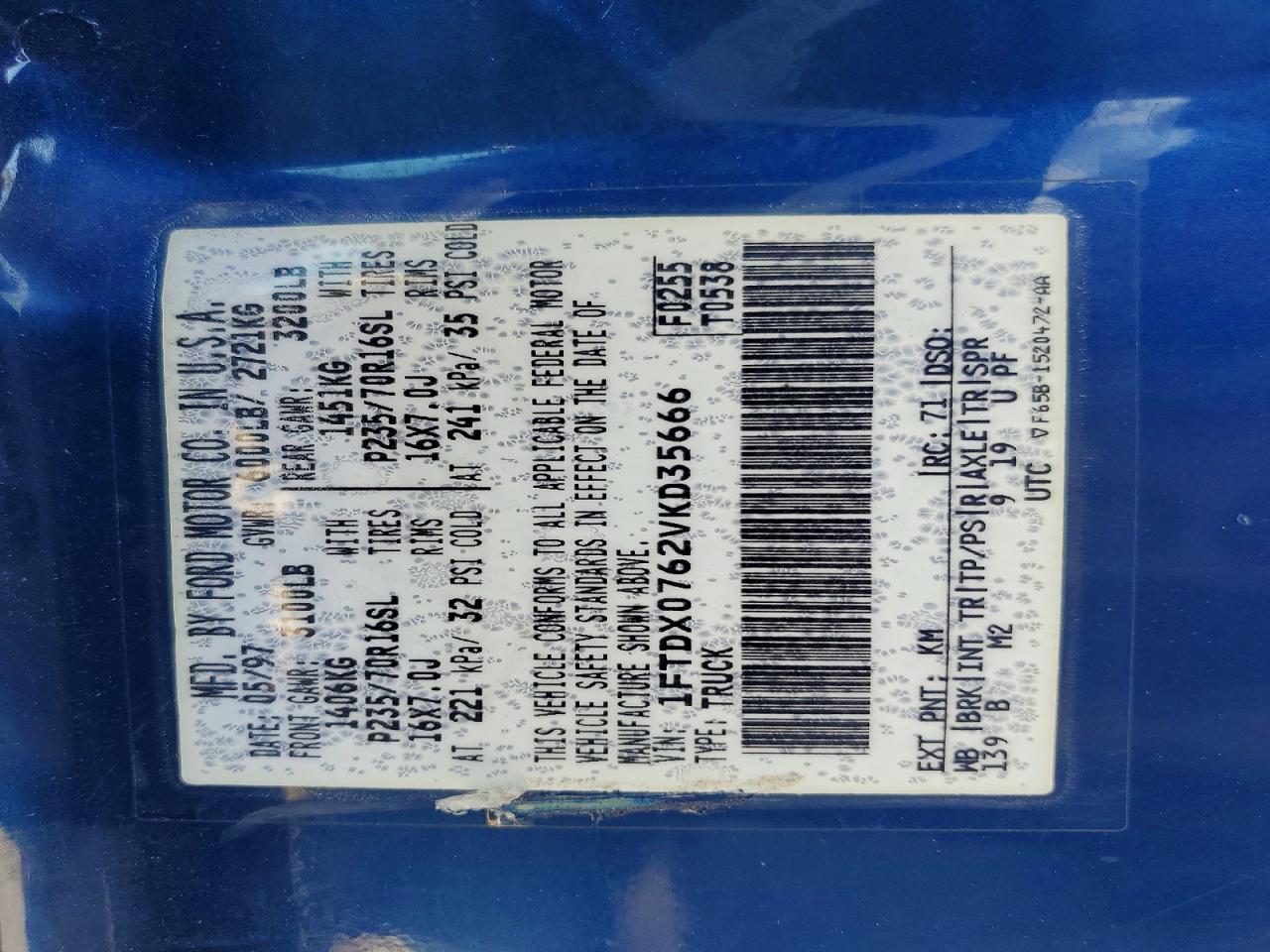 1997 Ford F150 Blue vin: 1FTDX0762VKD35666