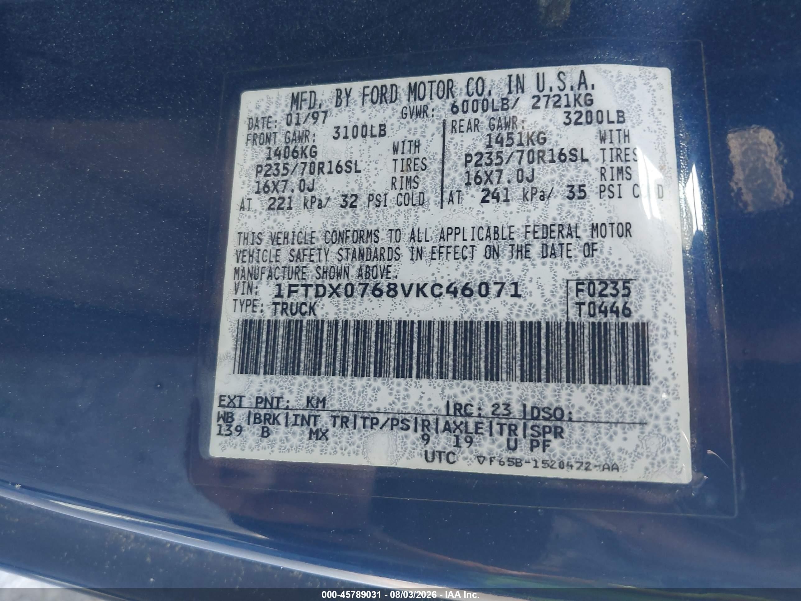 1997 Ford F-150 Standard   Blue vin: 1FTDX0768VKC46071