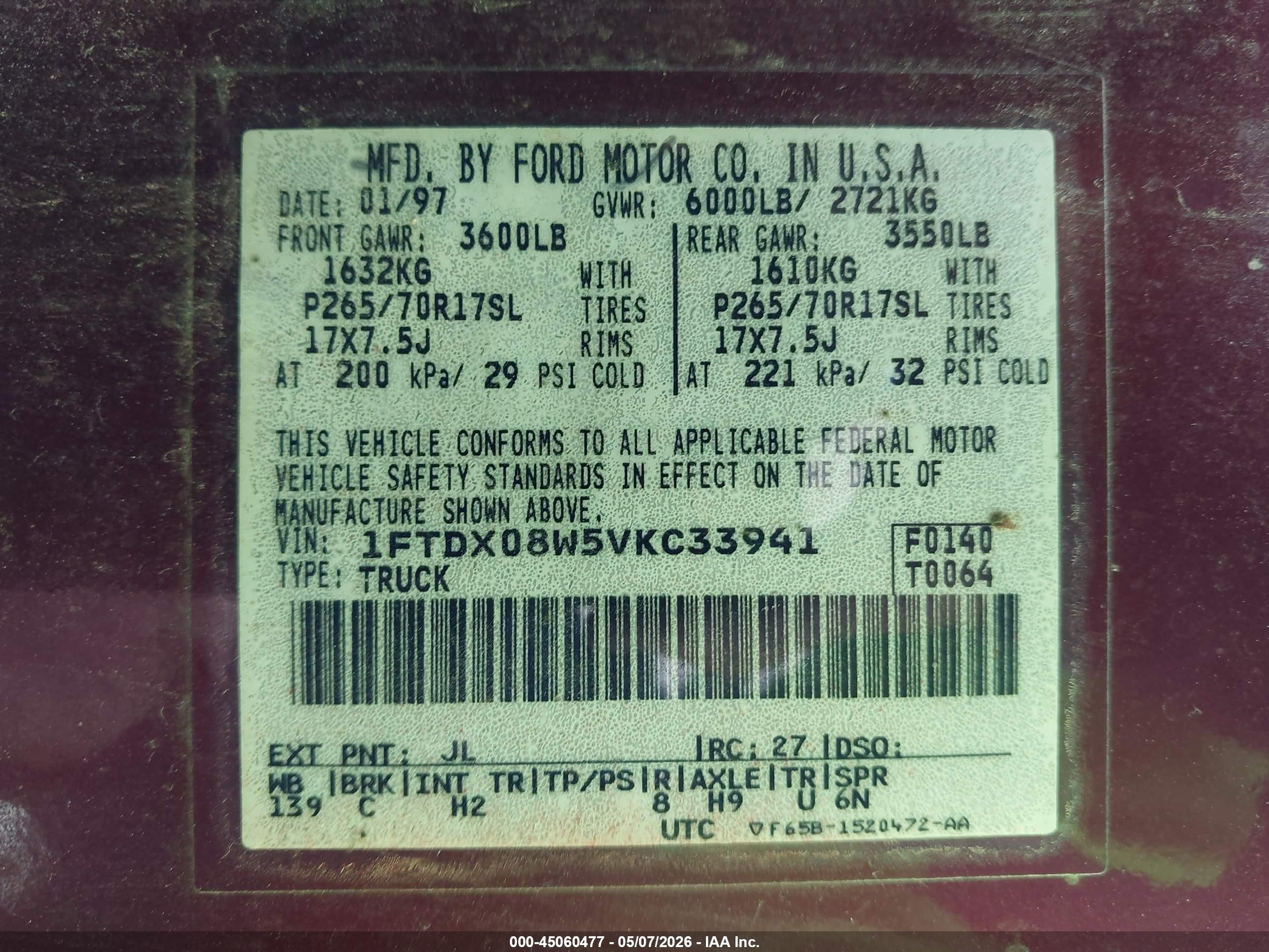 1997 Ford F-150 Lariat/xl/xlt Maroon vin: 1FTDX08W5VKC33941