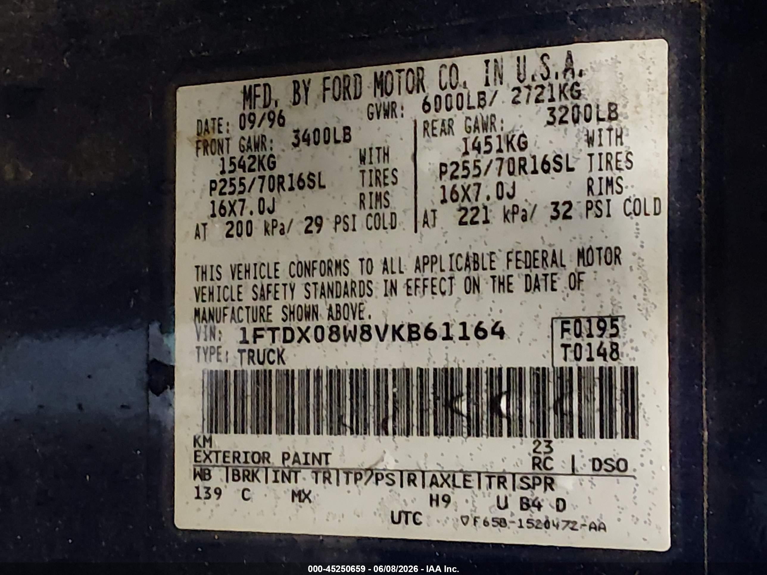 1997 Ford F-150 Lariat/xl/xlt Blue vin: 1FTDX08W8VKB61164