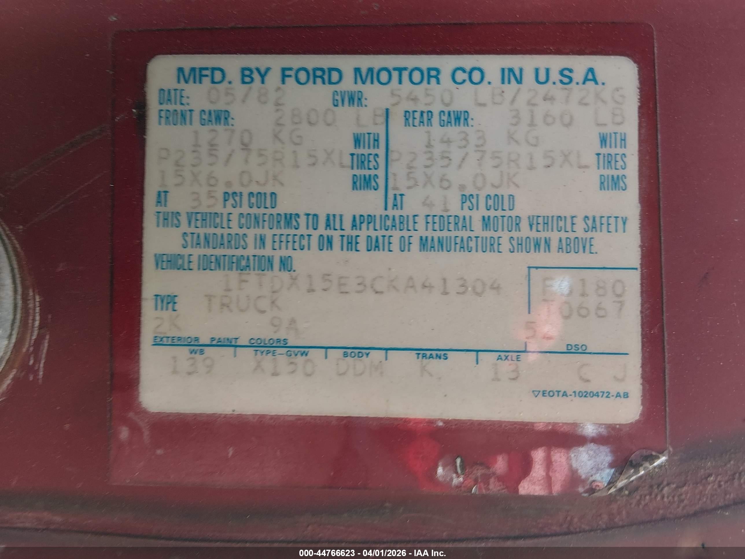 1982 Ford F150   Red vin: 1FTDX15E3CKA41304