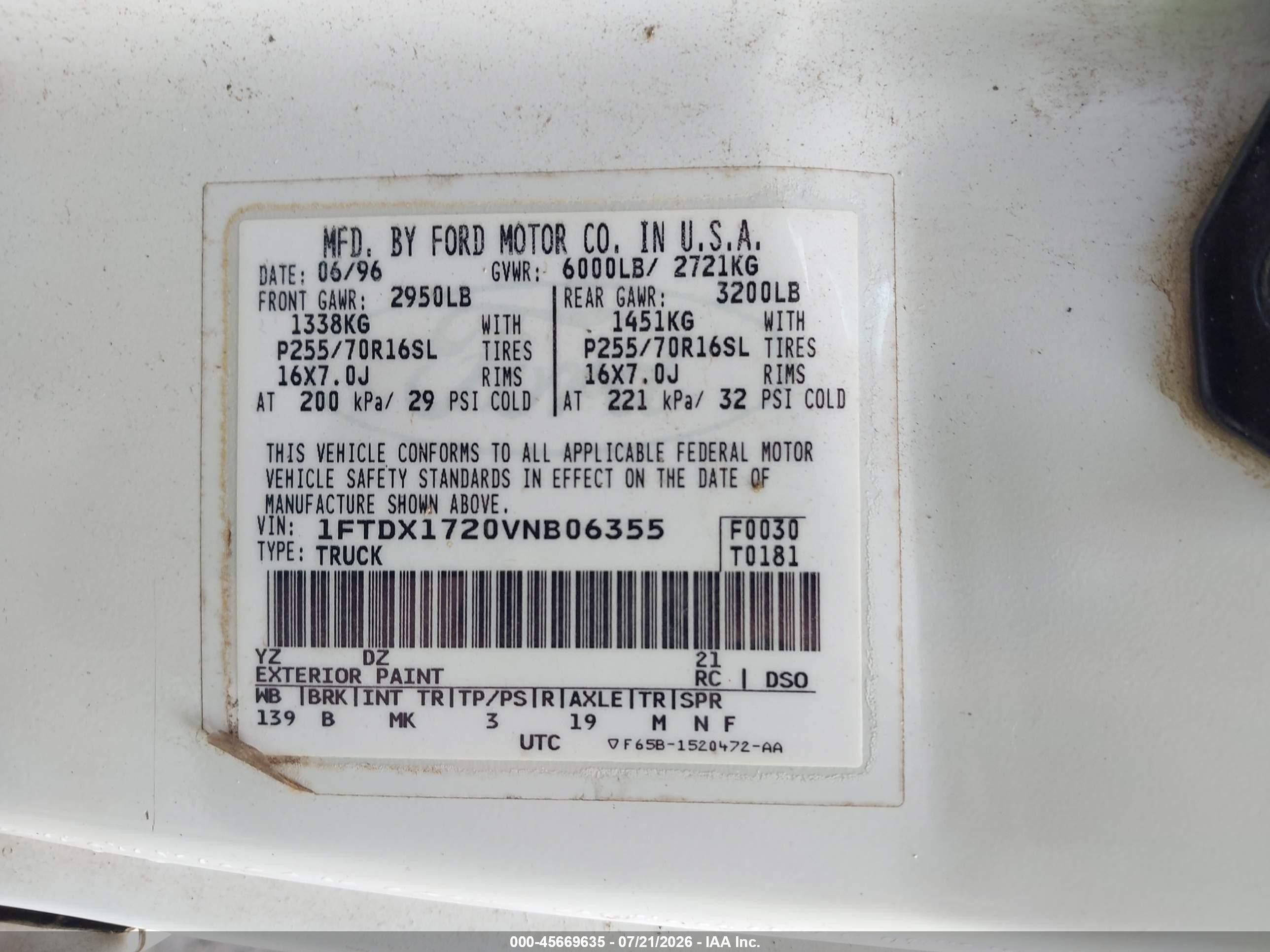 1997 Ford F-150 Standard Standard/xl/xlt White vin: 1FTDX1720VNB06355