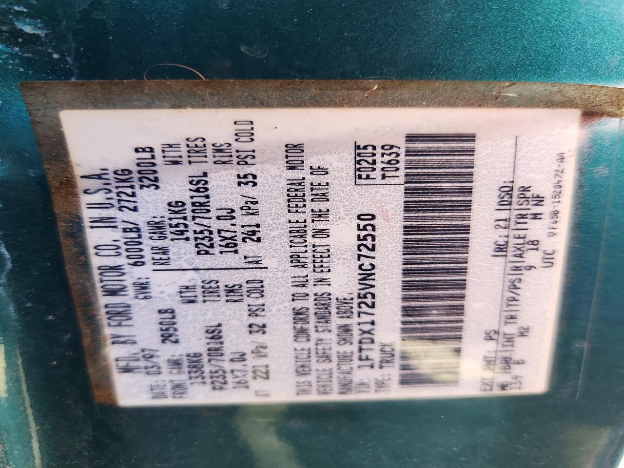1997 Ford F150 Green vin: 1FTDX1725VNC72550