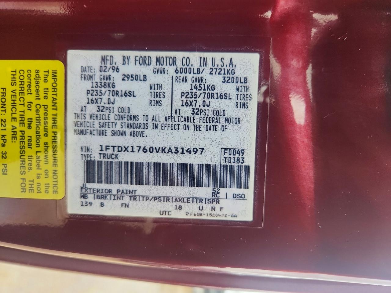 1997 Ford F150 Red vin: 1FTDX1760VKA31497