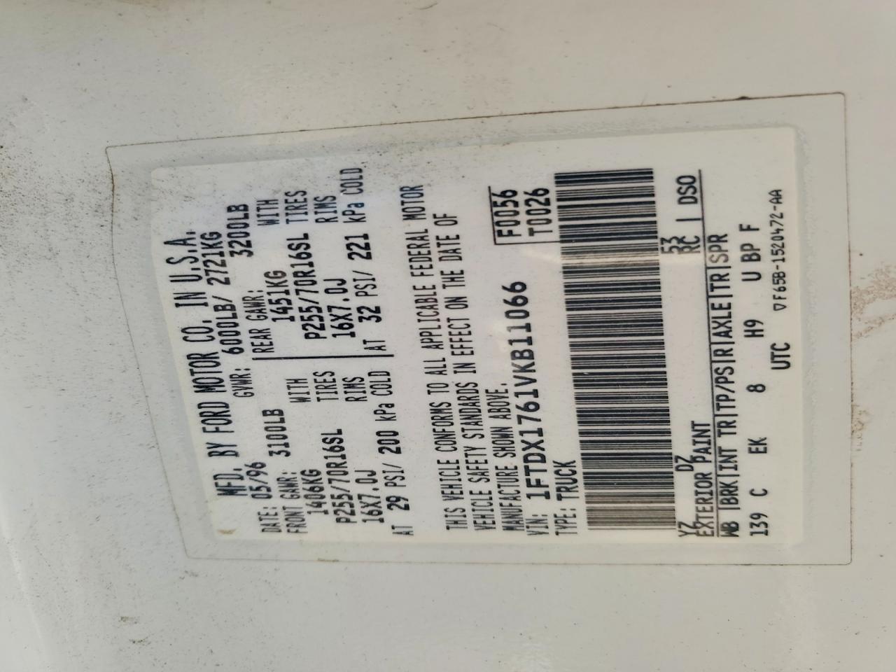 1997 Ford F150 White vin: 1FTDX1761VKB11066