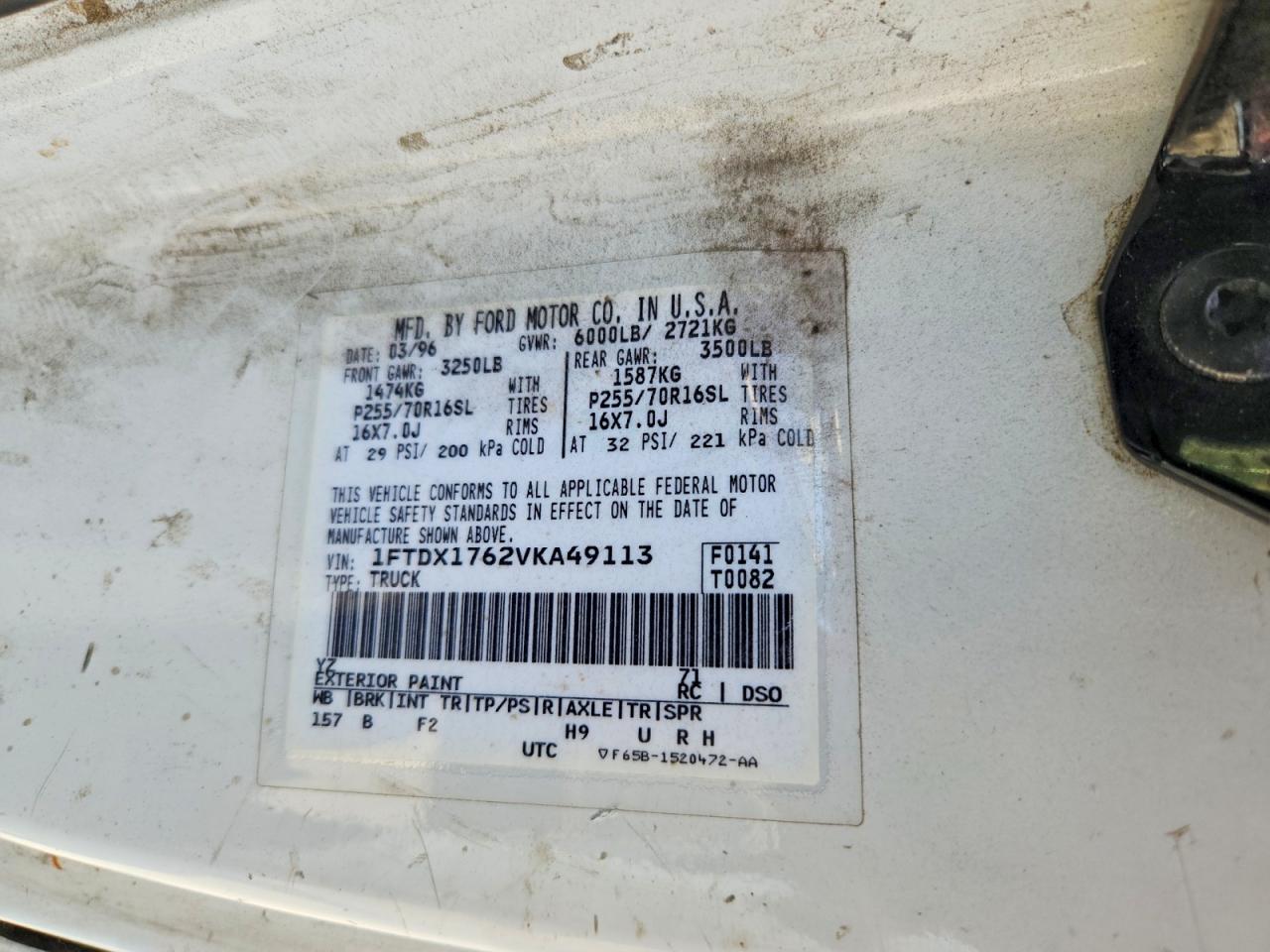 1997 Ford F150 White vin: 1FTDX1762VKA49113