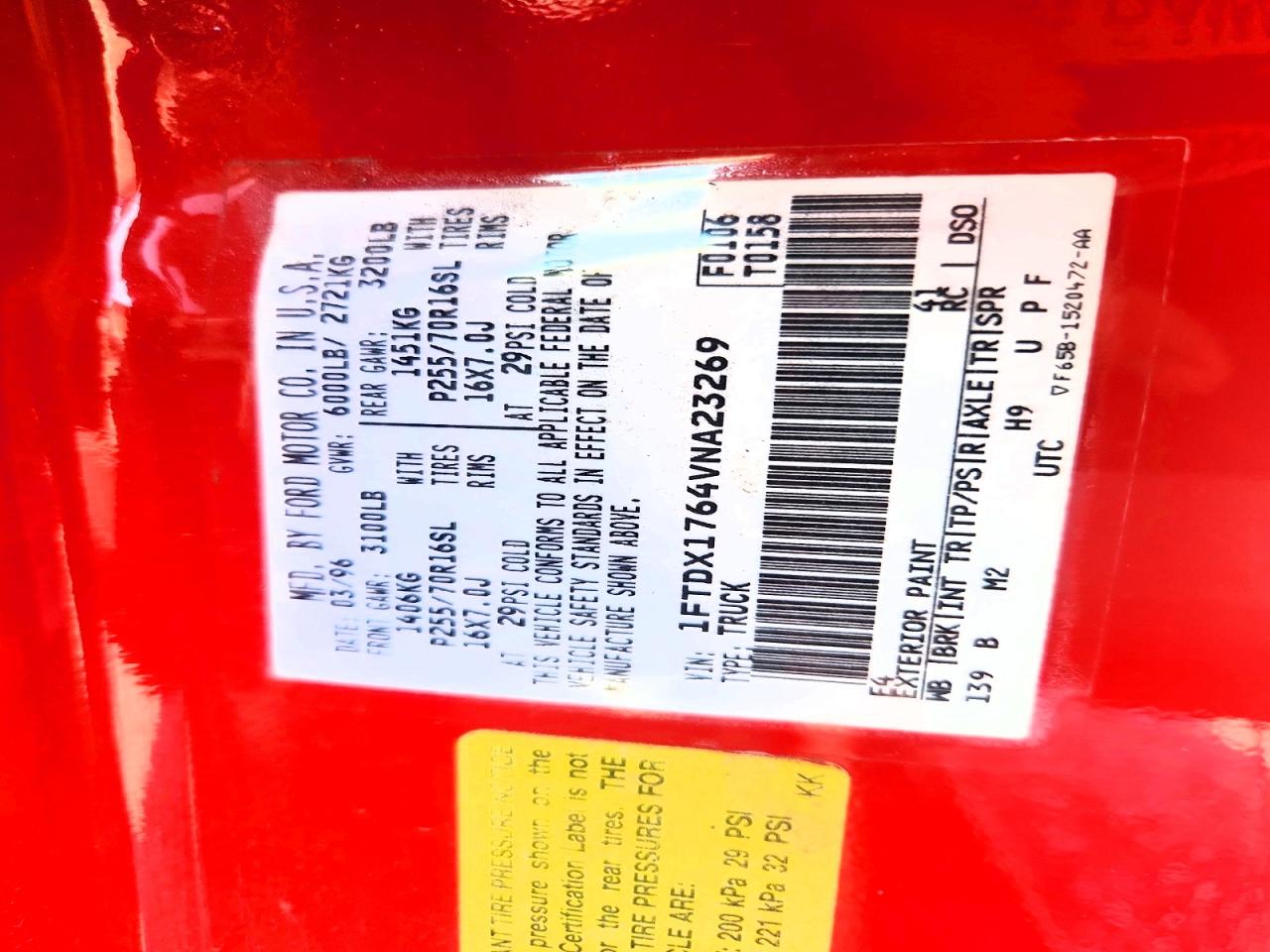 1997 Ford F150 Red vin: 1FTDX1764VNA23269