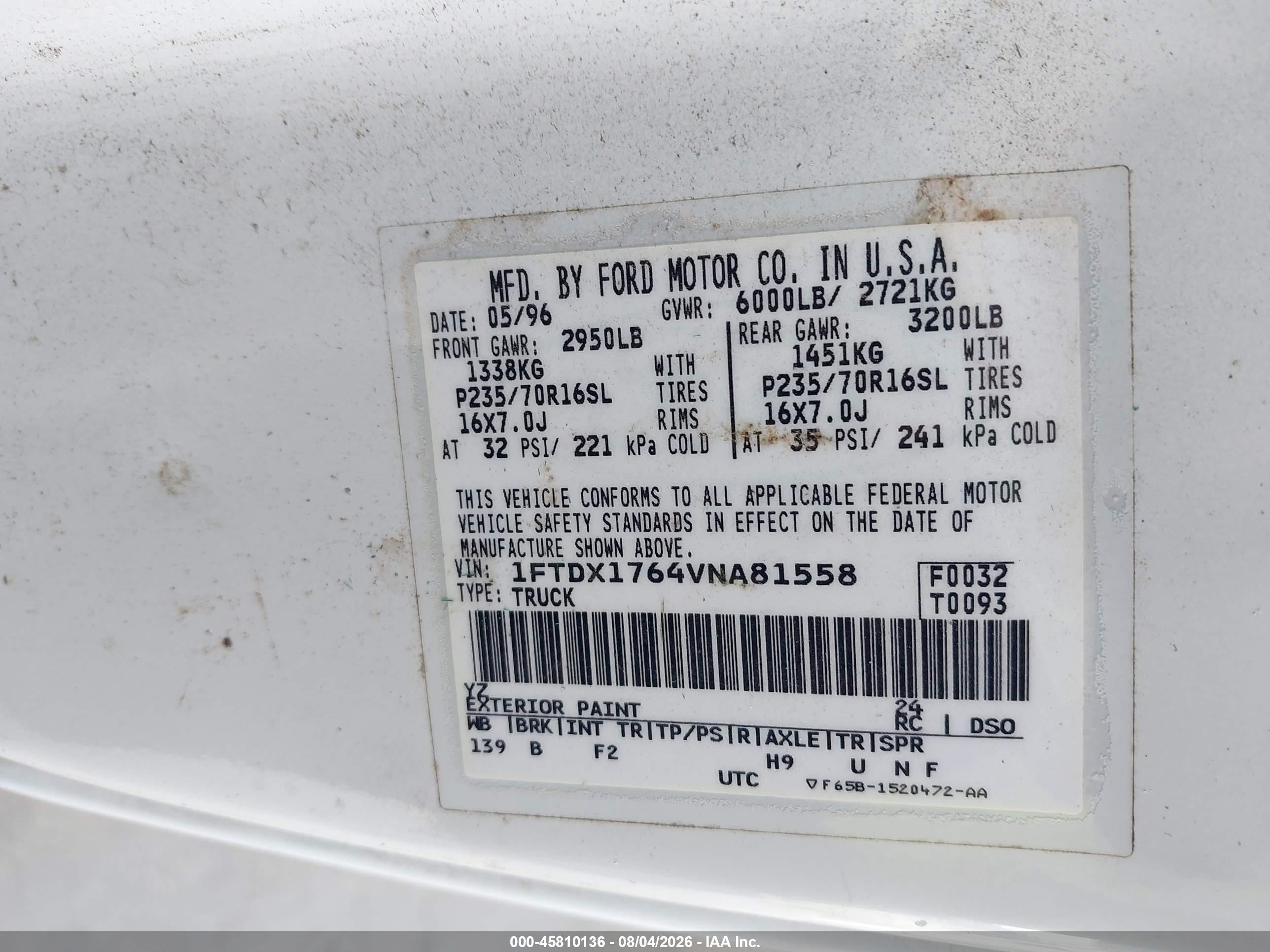 1997 Ford F-150 Standard Lariat/standard/xl/xlt White vin: 1FTDX1764VNA81558