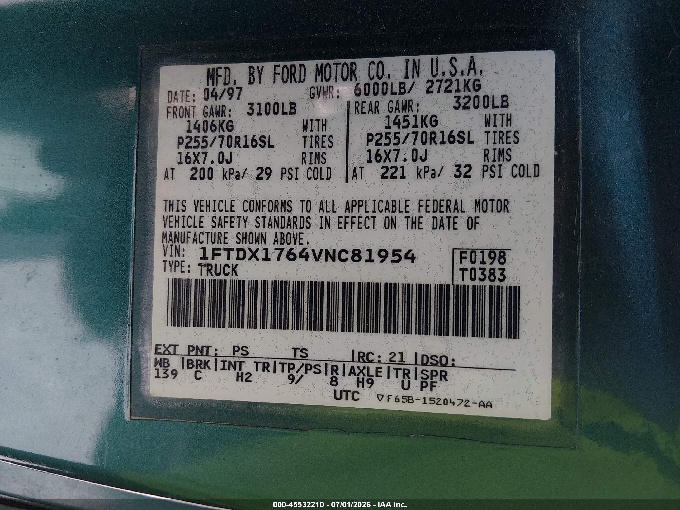 1997 Ford F-150 Standard Lariat/standard/xl/xlt Green vin: 1FTDX1764VNC81954