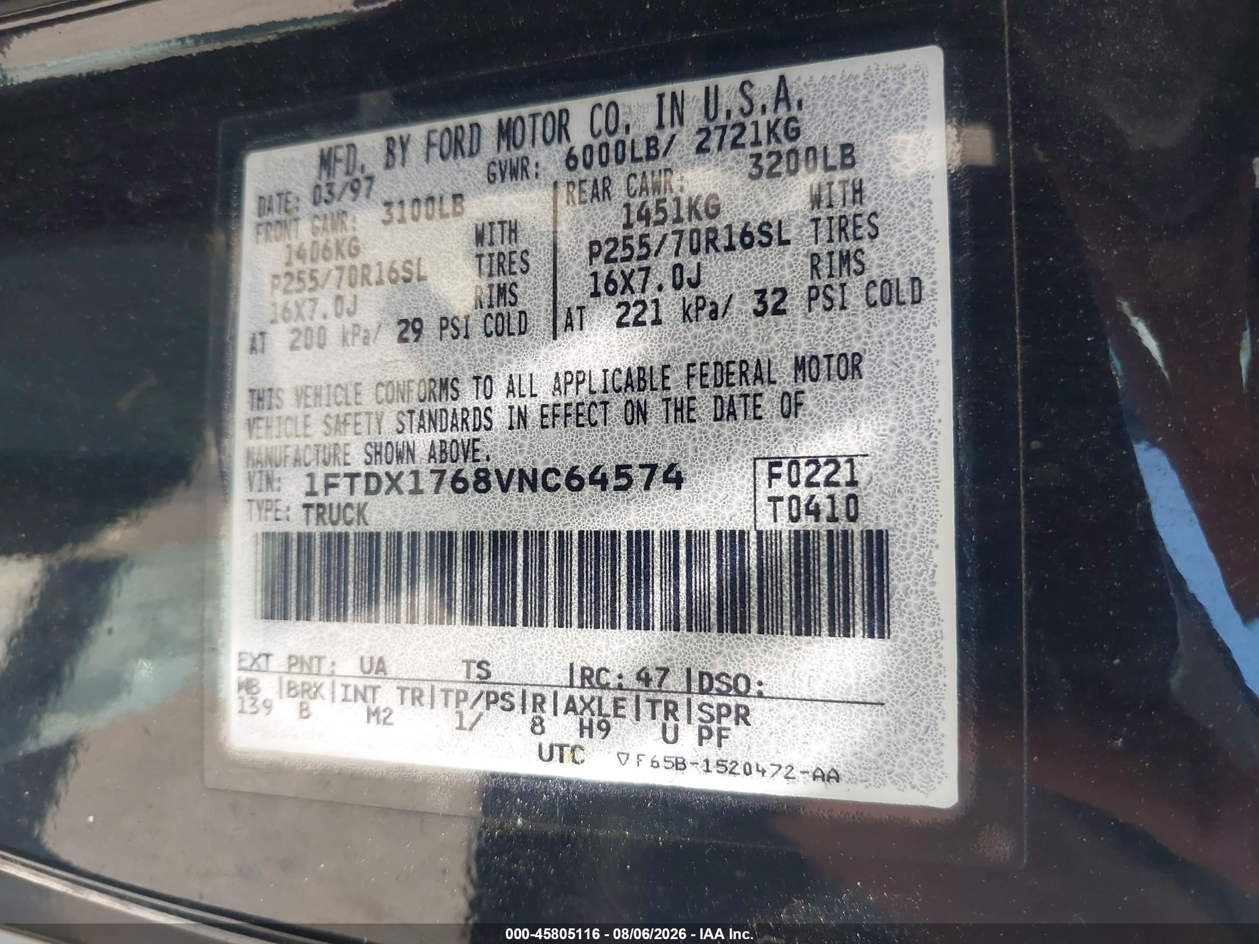1997 Ford F-150 Standard Lariat/standard/xl/xlt Black vin: 1FTDX1768VNC64574