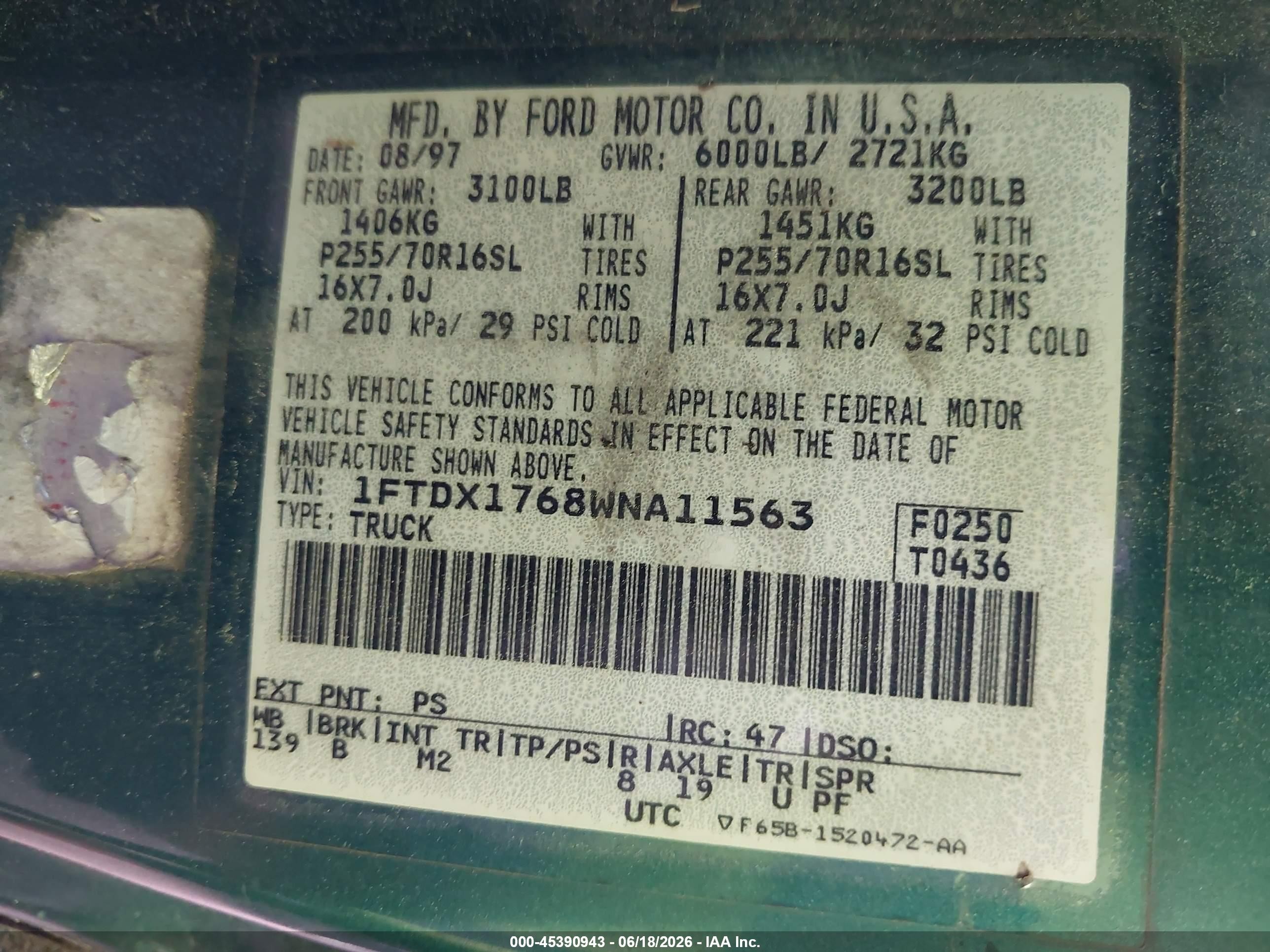 1998 Ford F-150 Lariat/standard/xl/xlt Зеленый vin: 1FTDX1768WNA11563