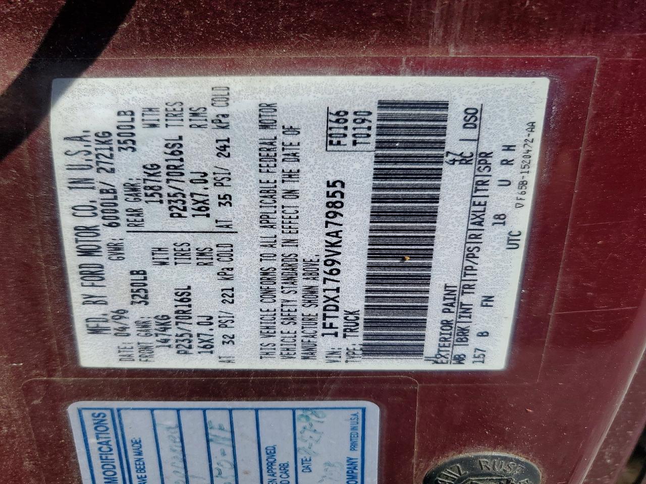 1997 Ford F150 Burgundy vin: 1FTDX1769VKA79855