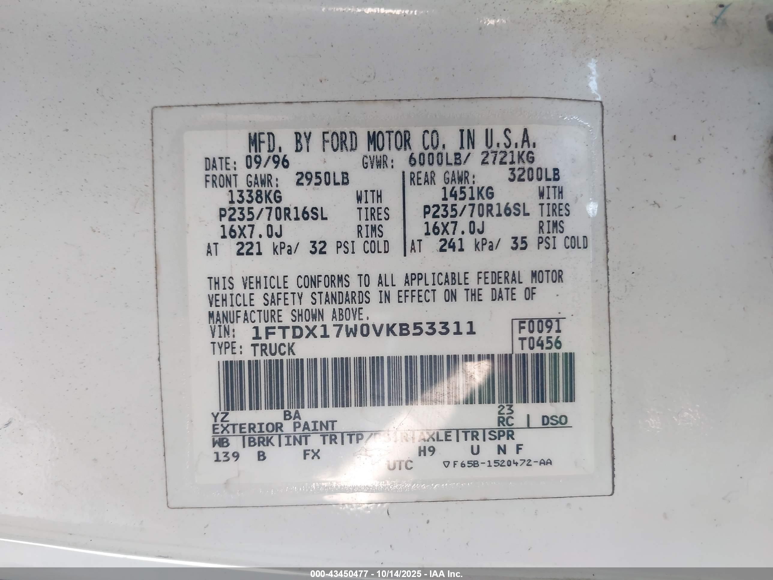 1997 Ford F150   White vin: 1FTDX17W0VKB53311
