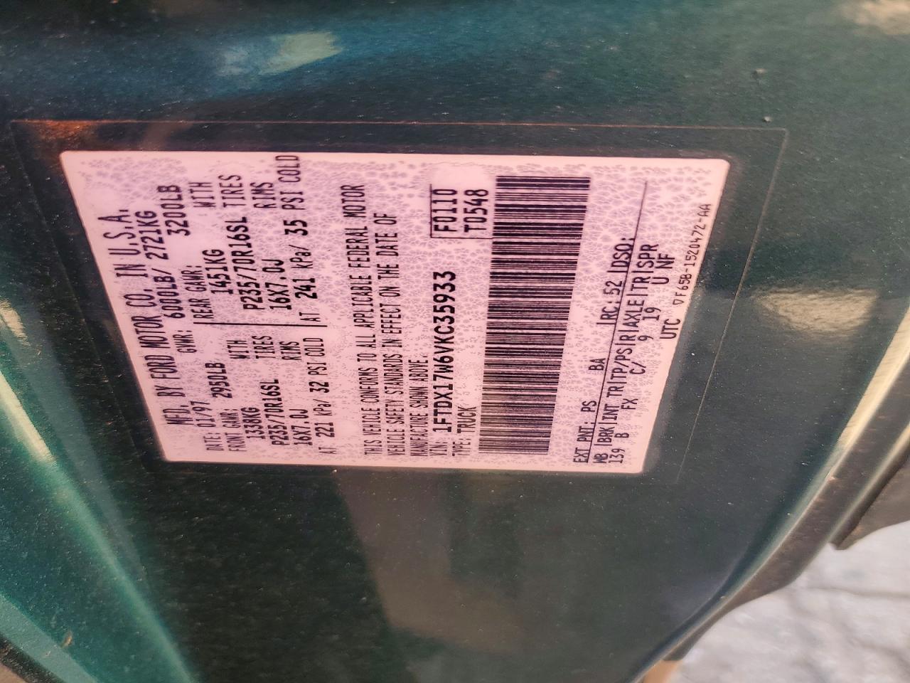 1997 Ford F150 Green vin: 1FTDX17W6VKC35933